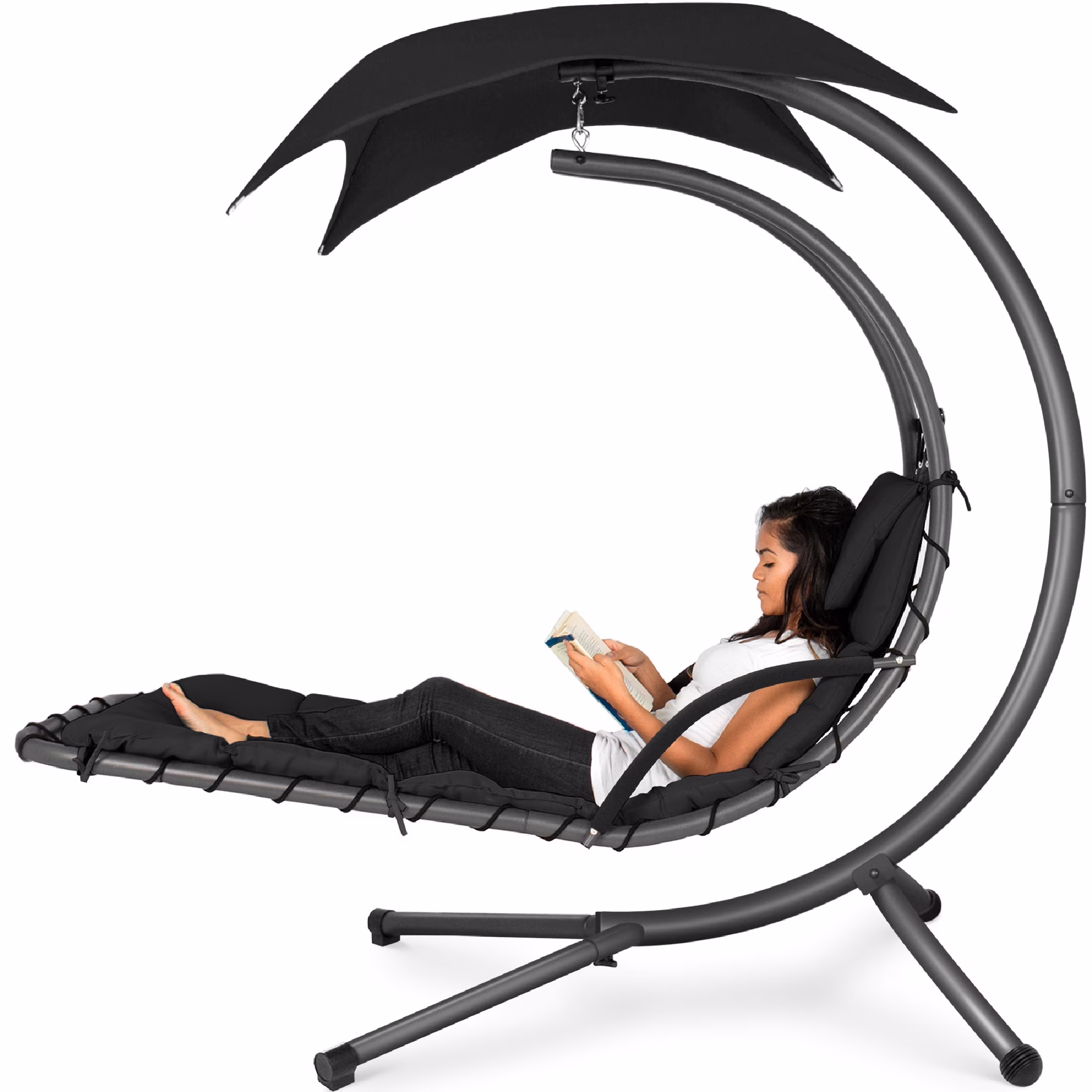 Best Choice Products Hanging Curved Chaise Lounge Chair Swing for Backyard, Patio w/ Pillow, Shade, Stand - Teal