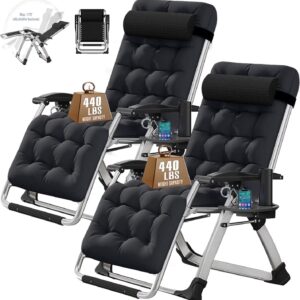 NAIZEA 2 Pack Zero Gravity Chair, Foldable Portable Lawn Recliner with Cushion, Headrest, Cup Holder, Black