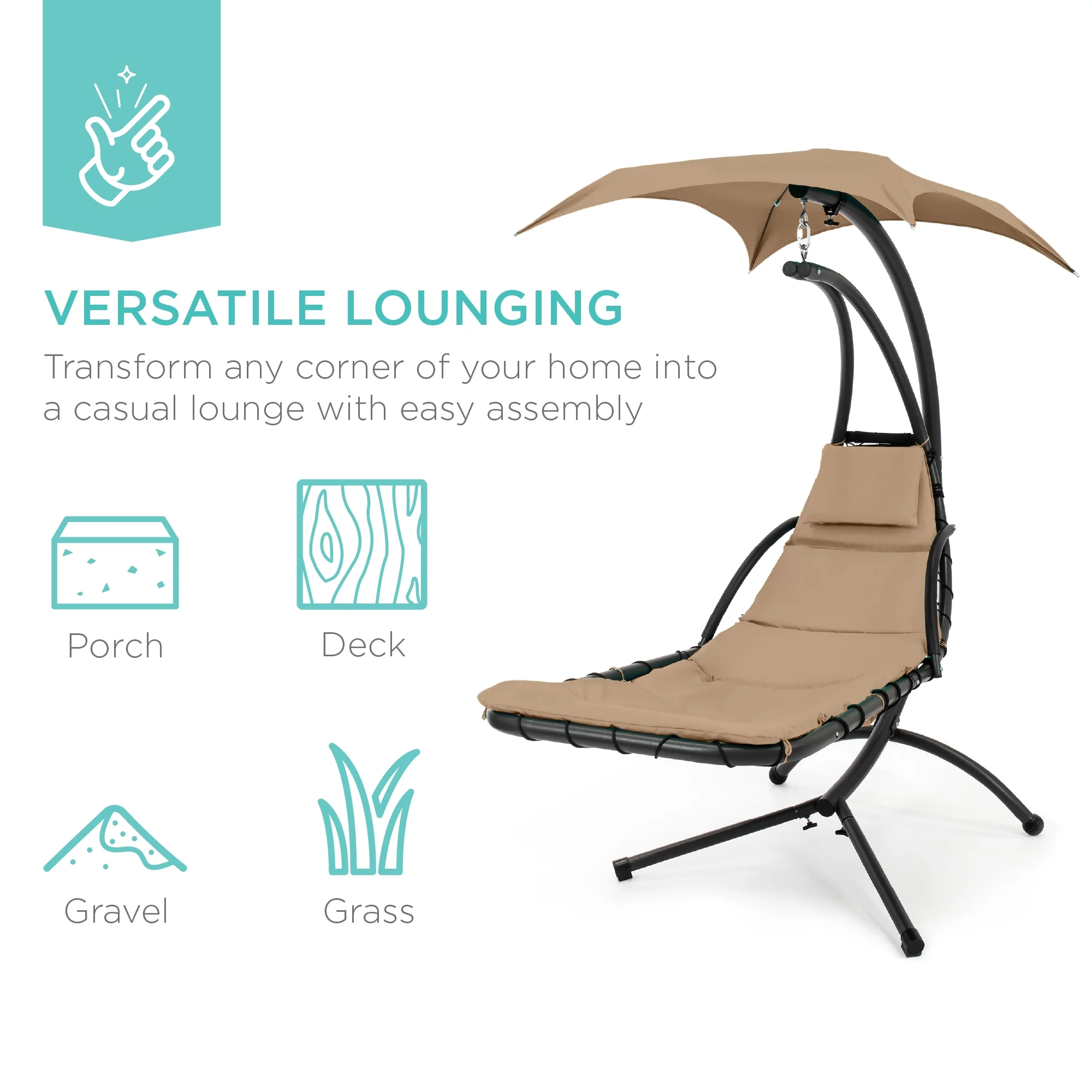 Best Choice Products Hanging Curved Chaise Lounge Chair Swing for Backyard, Patio w/ Pillow, Shade, Stand - Teal