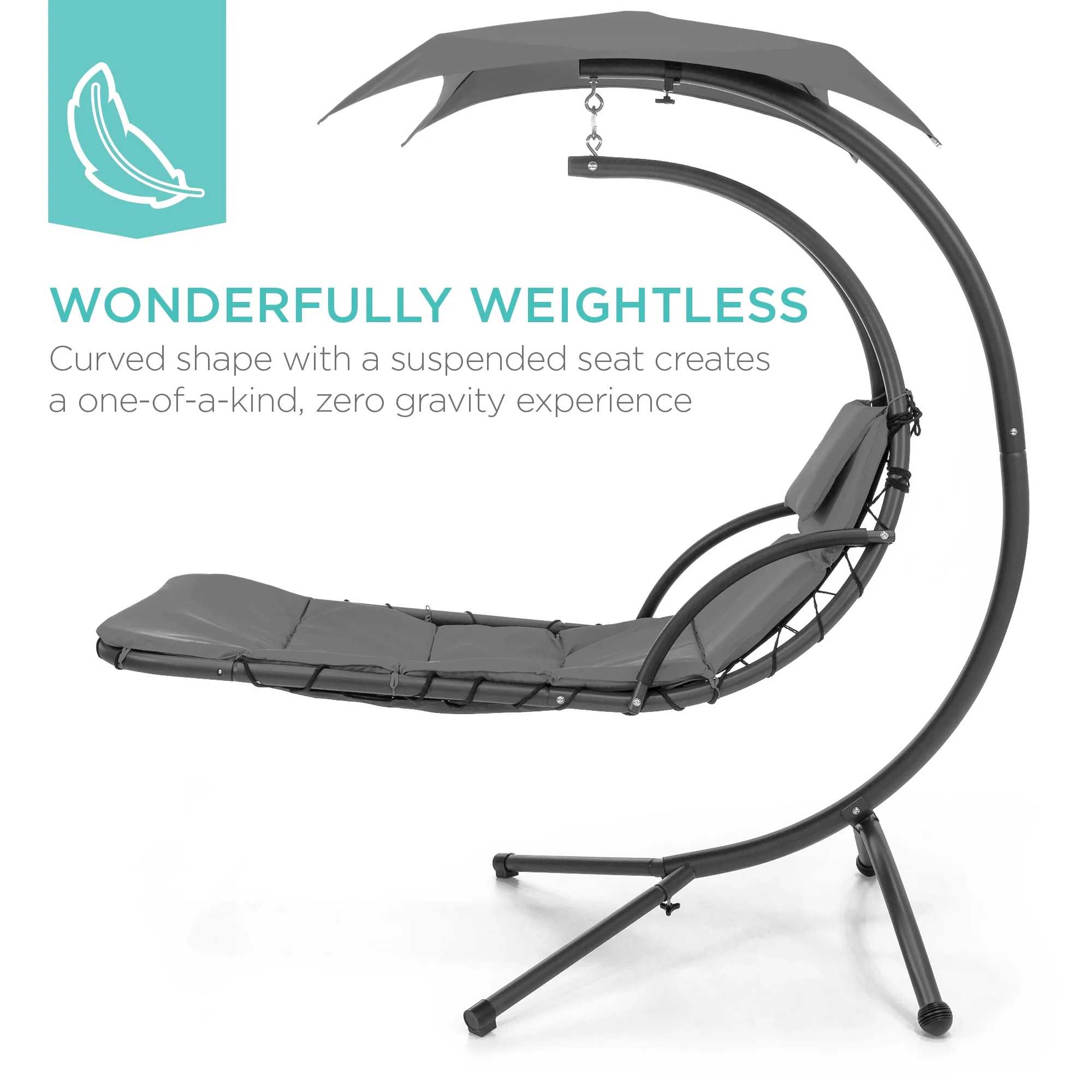 Best Choice Products Hanging Curved Chaise Lounge Chair Swing for Backyard, Patio w/ Pillow, Shade, Stand - Teal