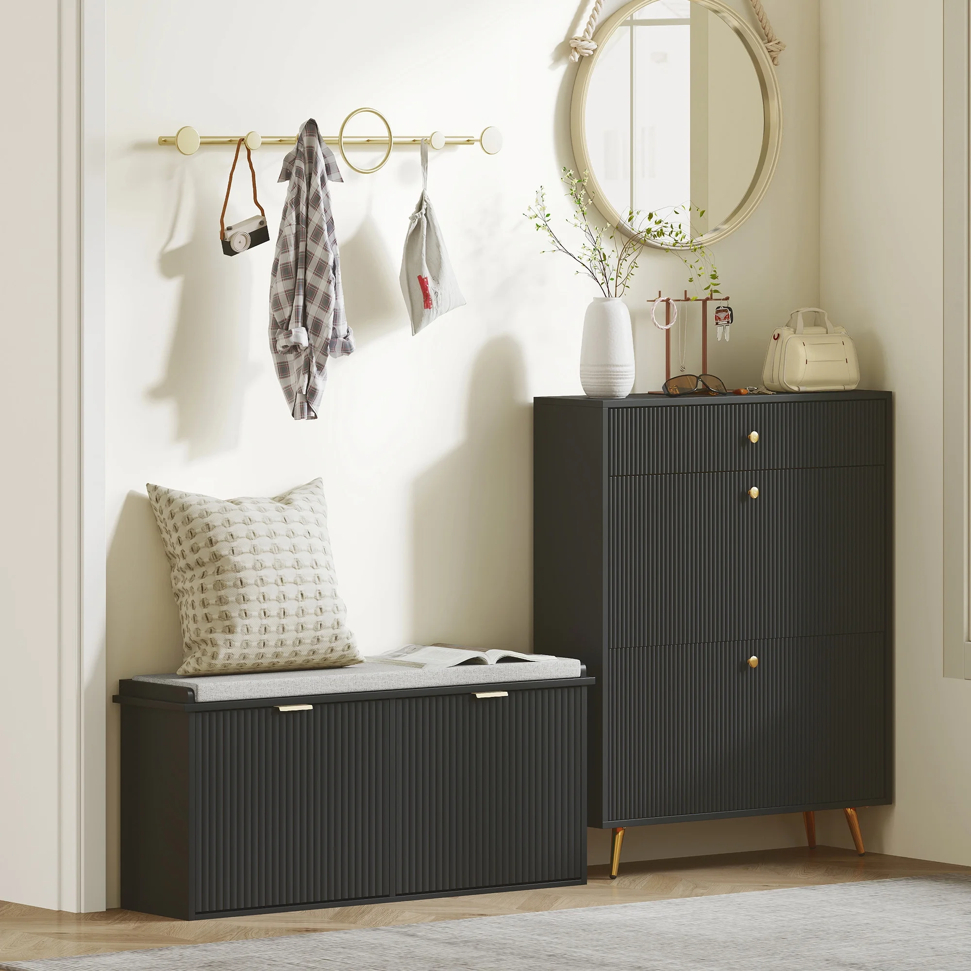 HOMCOM Shoe Bench with Padded Seat Cushion and Flip-Drawer, Entryway Bench Holds up to 529lb, 40.9x10.2x18.7 Inches, Black