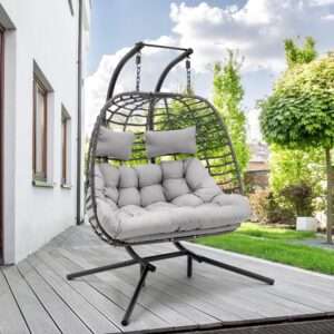 Brafab 2 Person Swing Egg Chair with Sturdy Stand and Fluffy Cushion, Large Double Hand-Woven Wicker Rattan Hanging Egg Chairs, Porch Swing Loveseat 500LBS Capacity for Indoor Outdoor, Light Grey