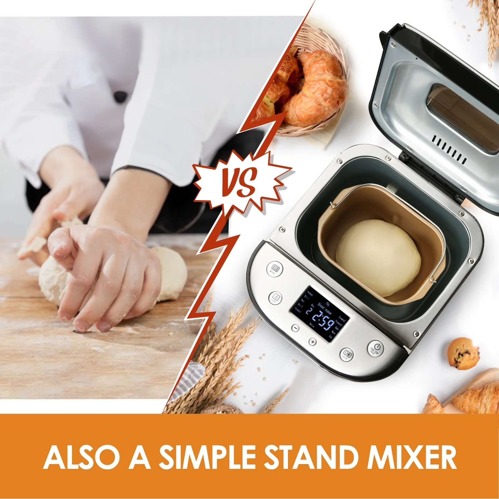 Kitchen in the box 15-in-1 Bread Machine, 2LB Stainless Steel Automatic Bread Maker with Recipes-Silver