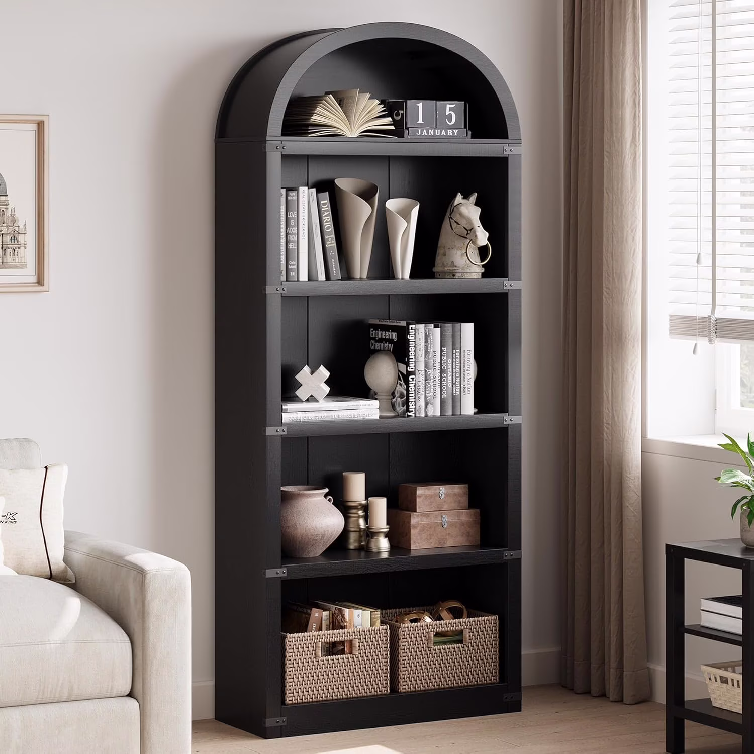 Bookcase 5 Shelf Arched Bookshelf 71.65in Tall Bookcase Farmhouse Display Storage Rack Wooden Bookshelves for Home Office, Living Room(white)