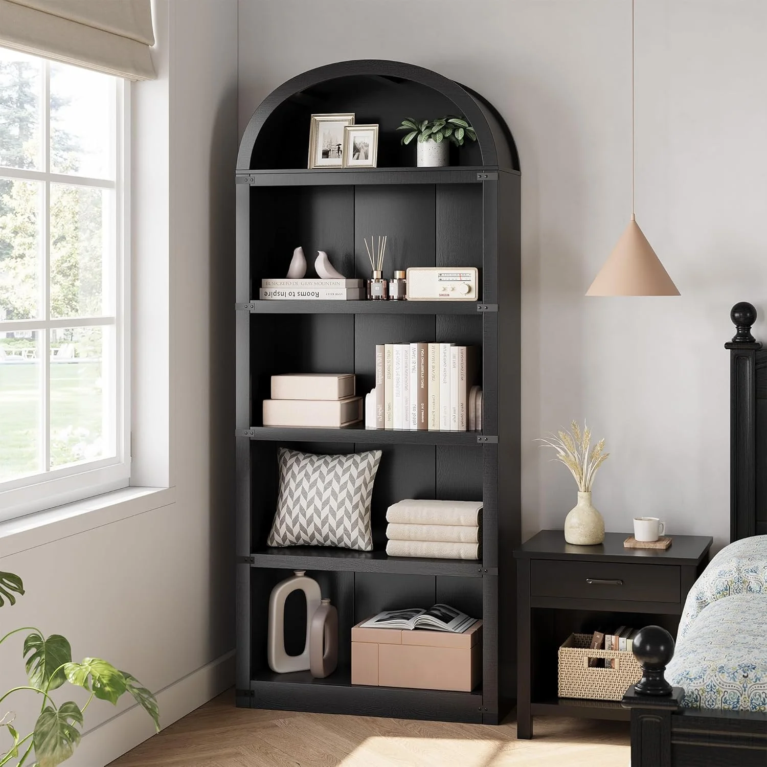Bookcase 5 Shelf Arched Bookshelf 71.65in Tall Bookcase Farmhouse Display Storage Rack Wooden Bookshelves for Home Office, Living Room(white)