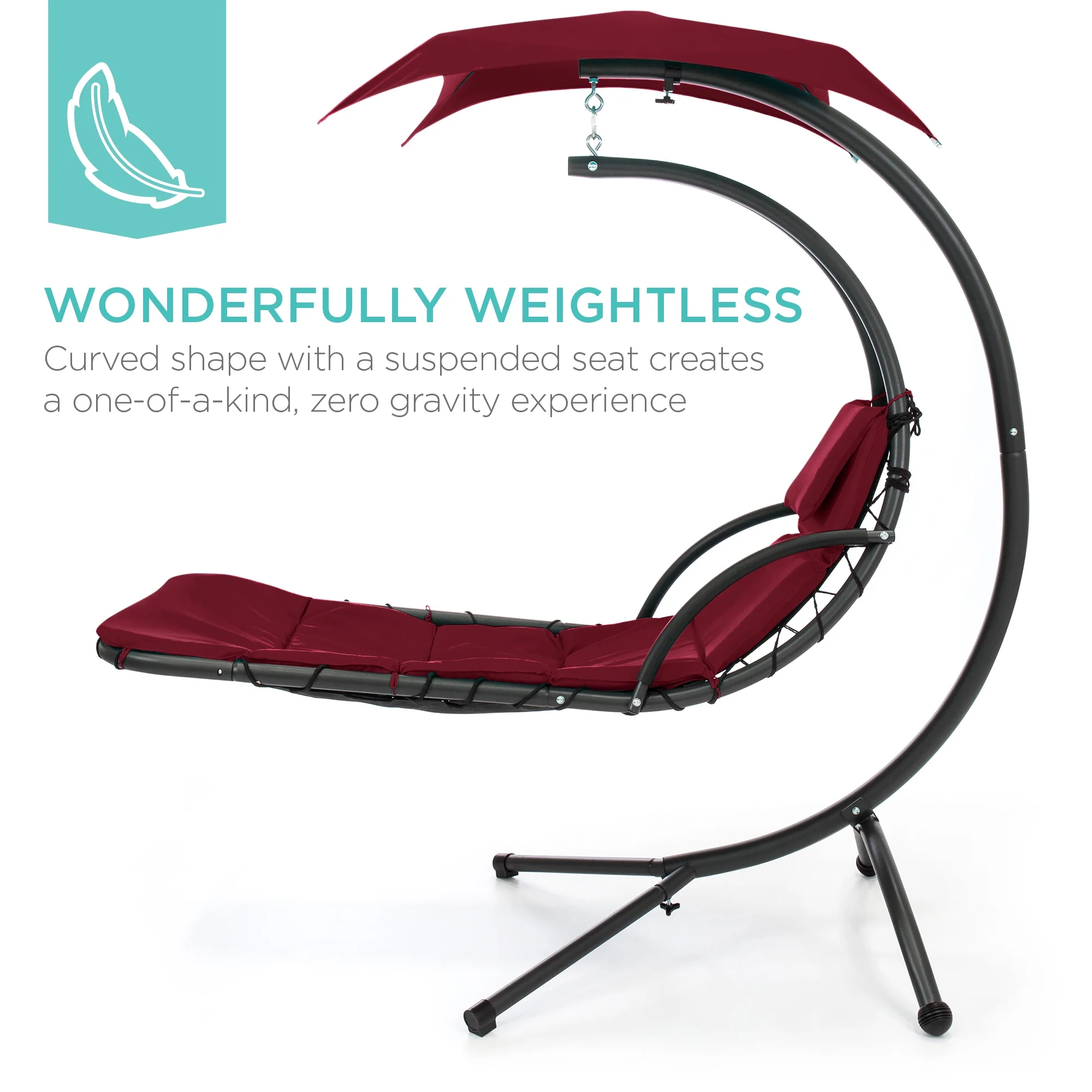 Best Choice Products Hanging Curved Chaise Lounge Chair Swing for Backyard, Patio w/ Pillow, Shade, Stand - Teal