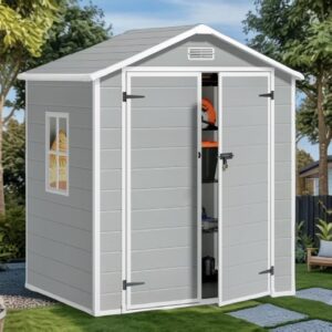 6x4 FT Resin Storage Shed, Lofka Plastic Outdoor Shed with Heavy Duty Floors, 135.6 cu ft, Colorfast, Side Window, Double Lockable Doors for Garden Backyard