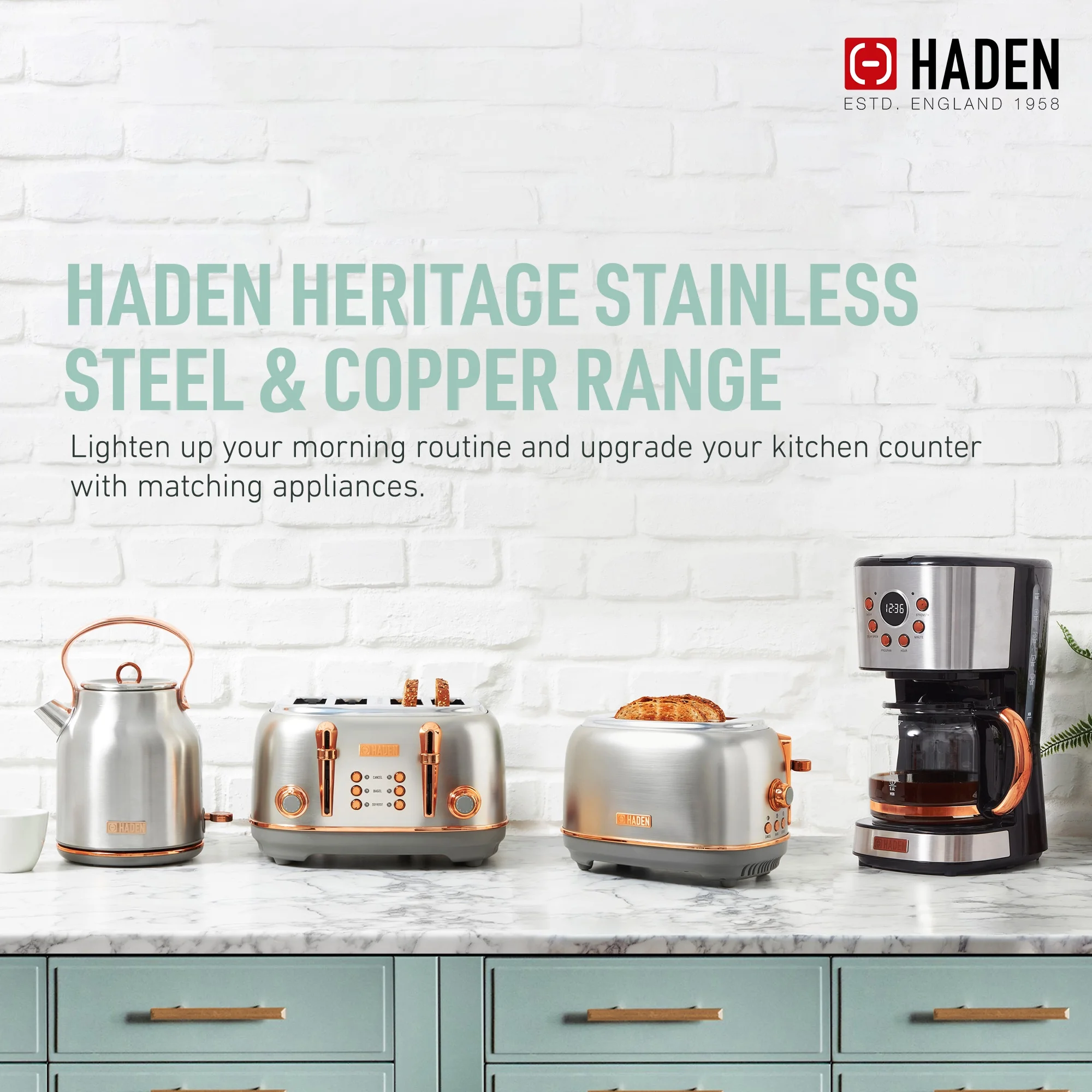 Haden Heritage 1.7 Liter Electric Kettle with 2 Slice Bread Toaster, White