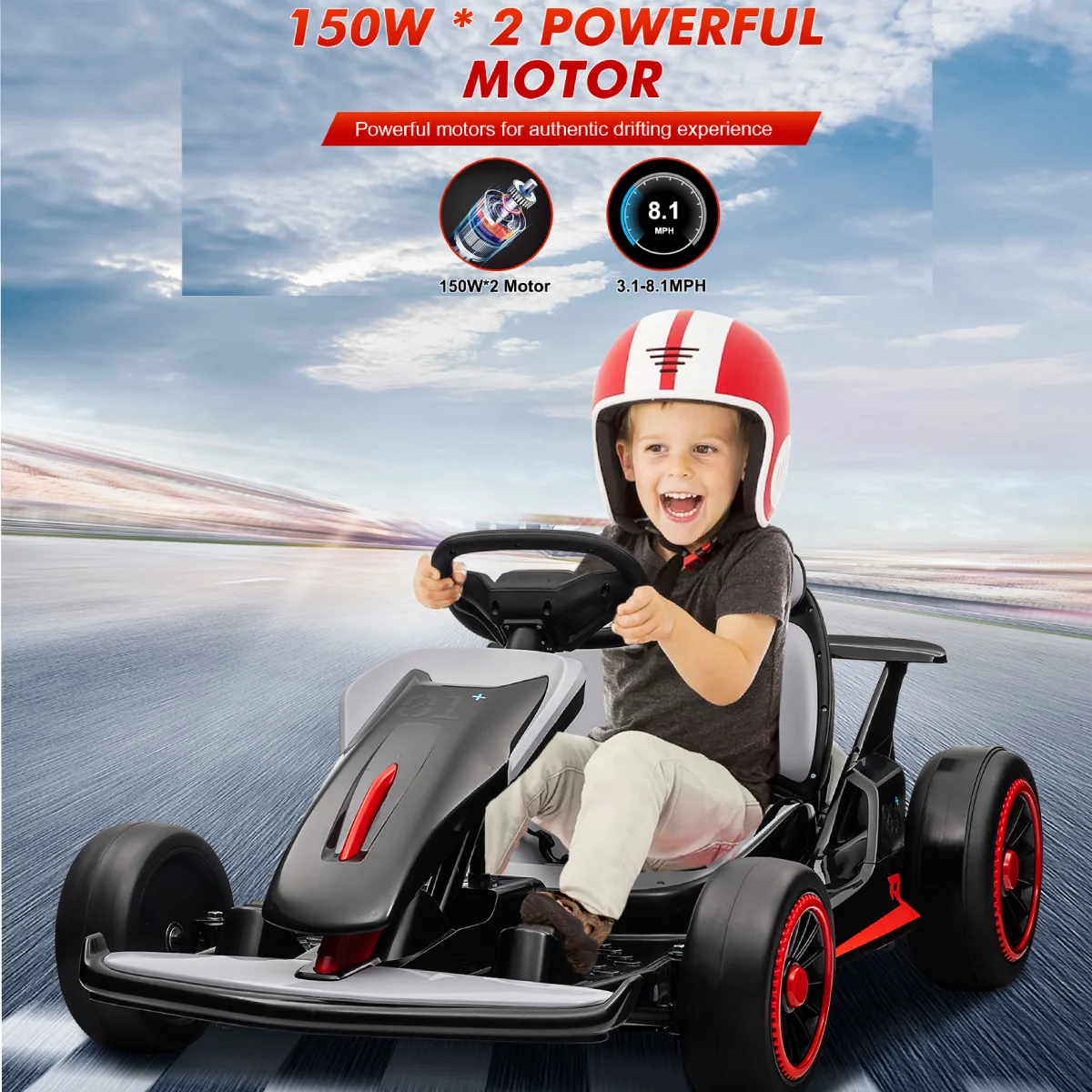 24V Drift Kart with 2X150W Strong Motor, 7AH Big Battery, Electric Pedals, Electric Go Kart Outdoor Race Toy