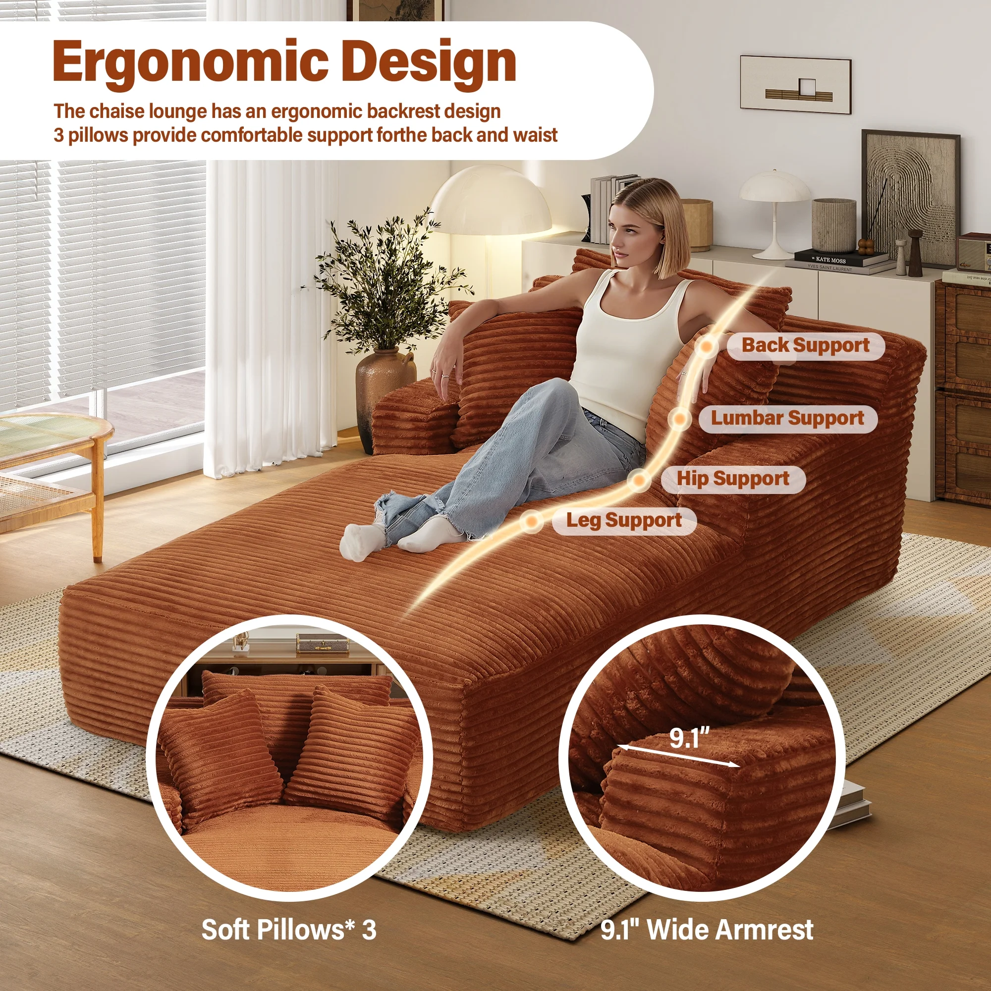 Aukfa 78.7" Extra Long Chaise Lounge Sofa, Oversized Upholstered Couch with 3 Pillows for Indoor Living Room/Bedroom,Orange