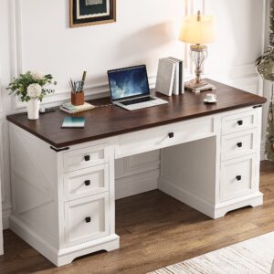 EnHomee Farmhouse Desk with Drawers, Wood Home Office Desk with Charging Station, Antique White