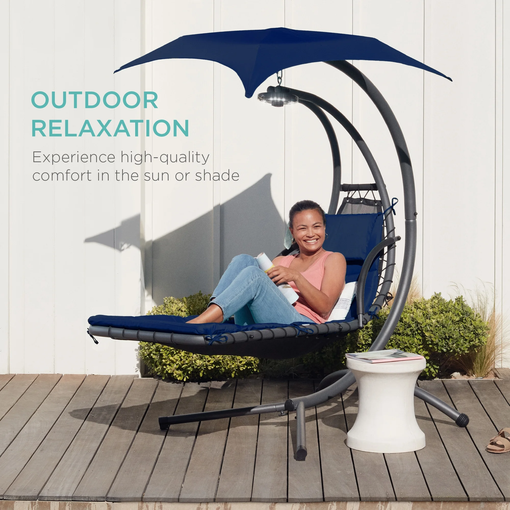 Best Choice Products Hanging Curved Chaise Lounge Chair Swing for Backyard, Patio w/ Pillow, Shade, Stand - Teal
