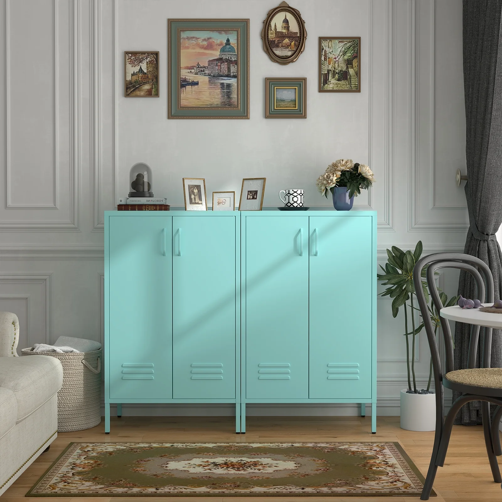 Marcree Green Metal Cabinet,2 Door Accent Cabinet,Metal Locker Cabinet with Legs,Sideboard Cabinet with Adjustable Shelves,Locker Storage Cabinet for Living Room,Entryway