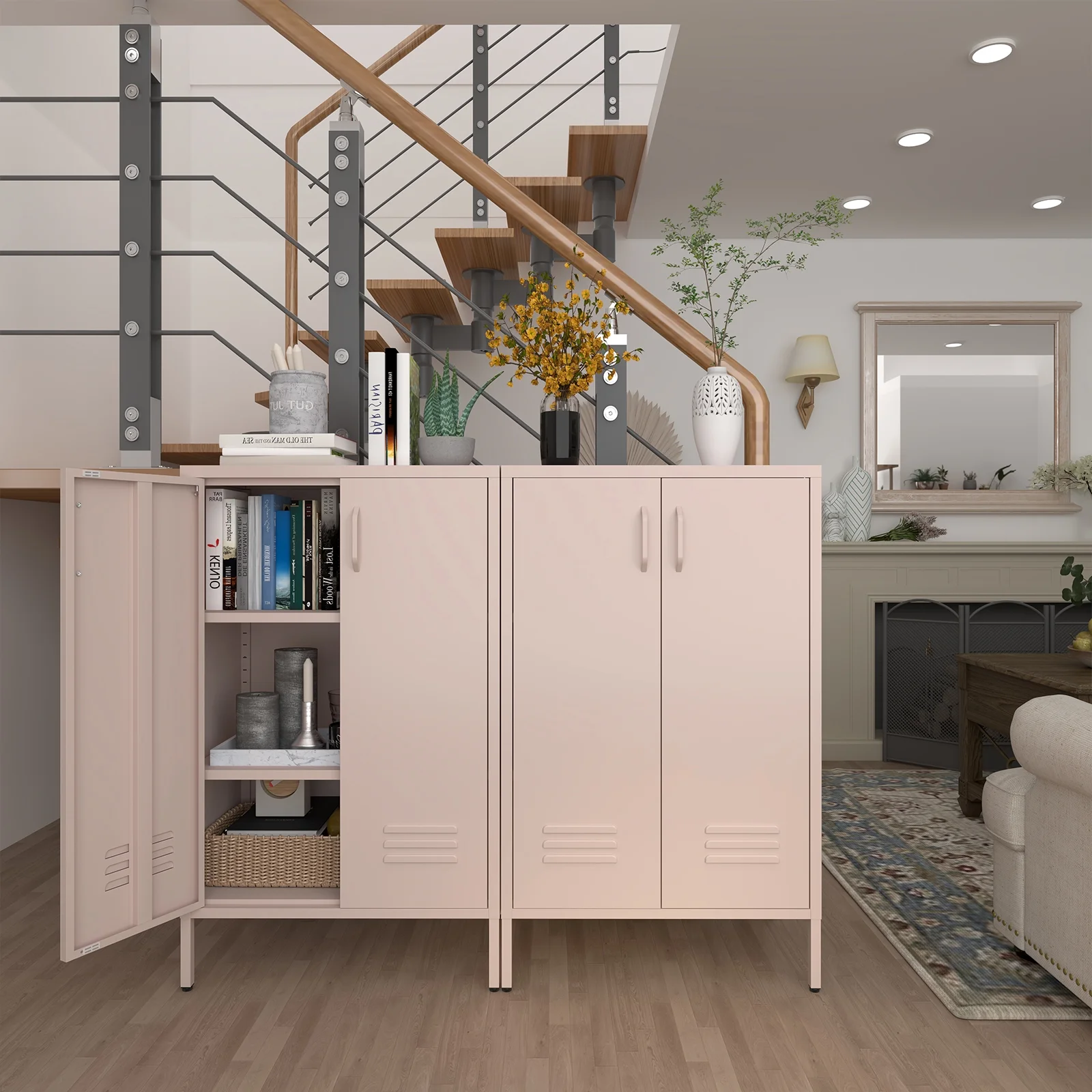 Marcree Green Metal Cabinet,2 Door Accent Cabinet,Metal Locker Cabinet with Legs,Sideboard Cabinet with Adjustable Shelves,Locker Storage Cabinet for Living Room,Entryway