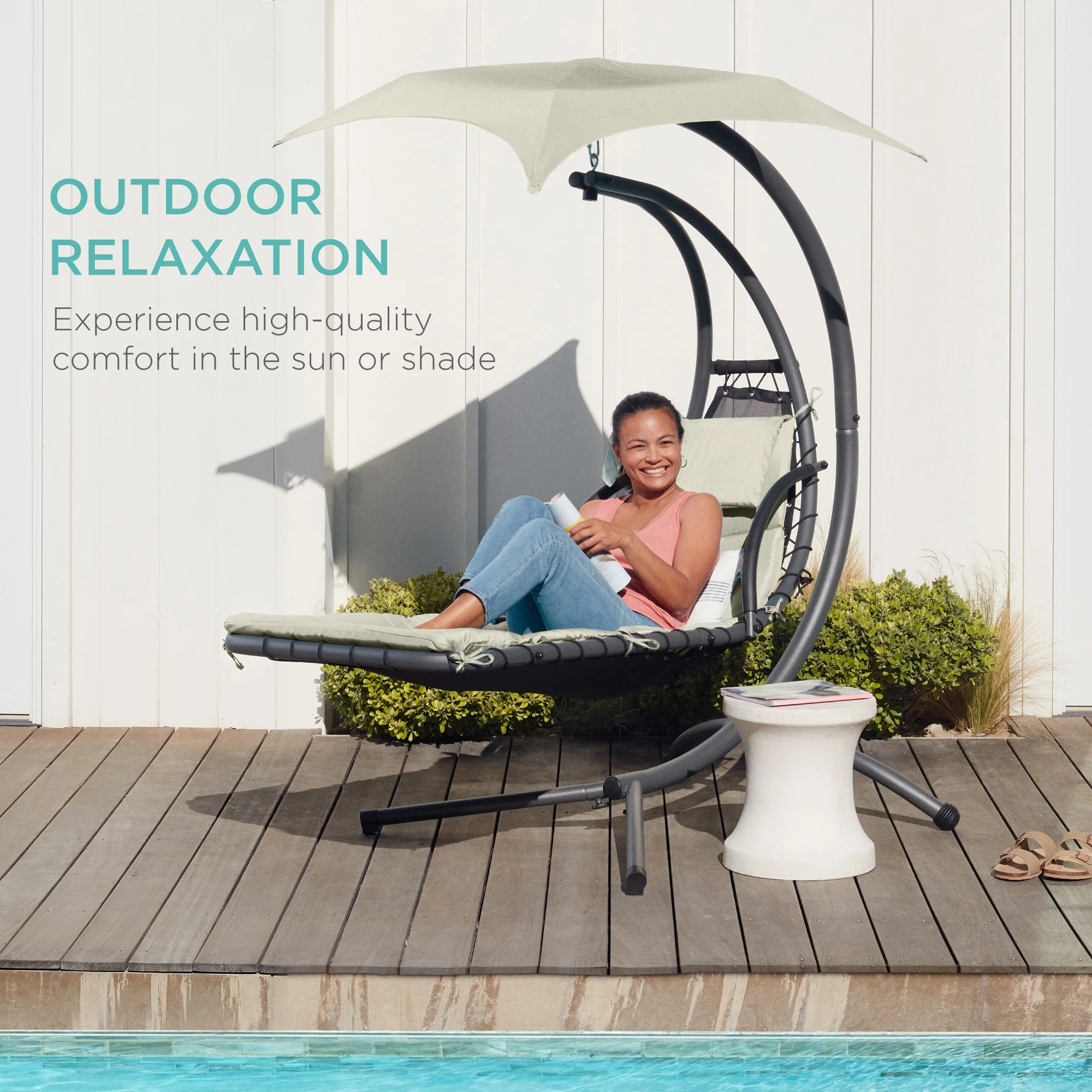 Best Choice Products Hanging Curved Chaise Lounge Chair Swing for Backyard, Patio w/ Pillow, Shade, Stand - Teal