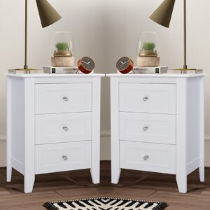 Glavbiku Modern White 3 Drawer Nightstand Set of 2 with USB Ports & Power Outlets for Bedrooms,Adult