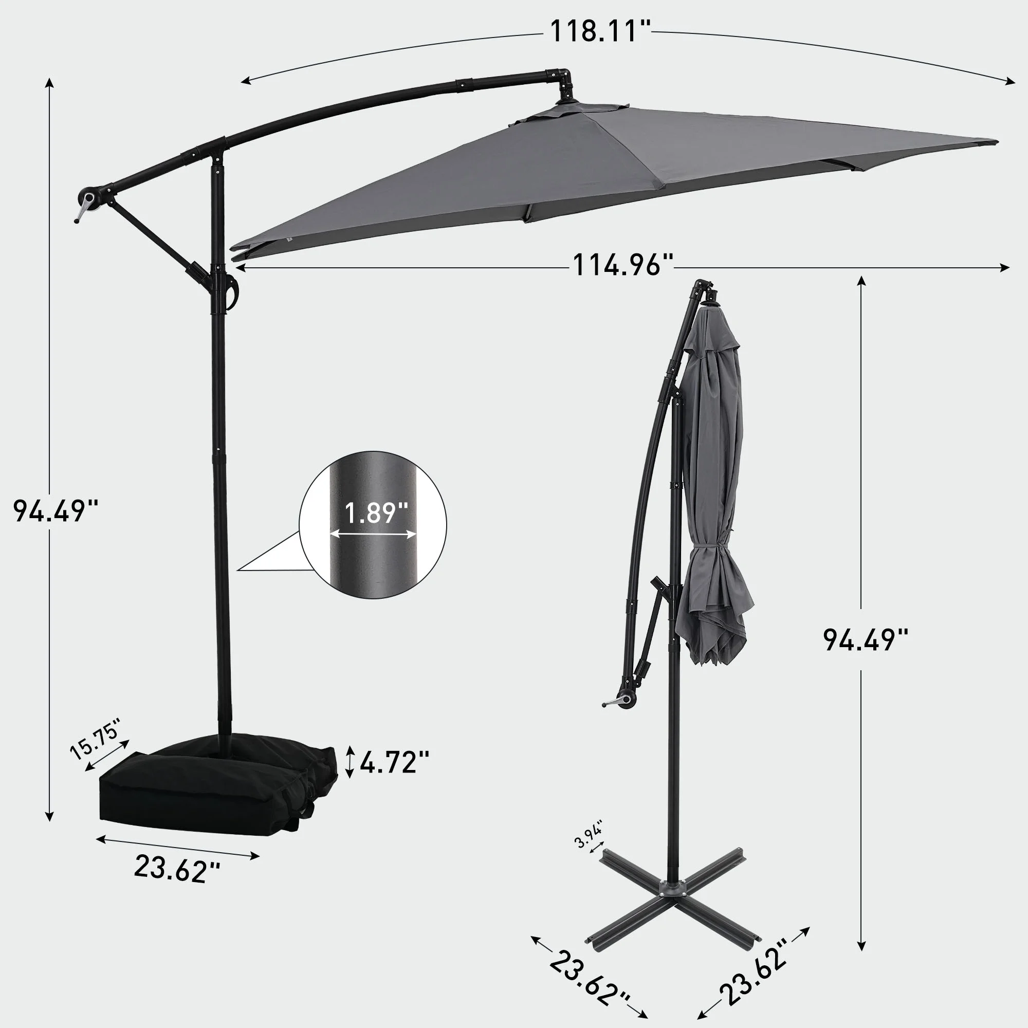 Ainfox 10ft Cantilever Patio Umbrella with Lights, Offset Market Umbrella with Sandbags Weighted Base and Cross Base,Khaki