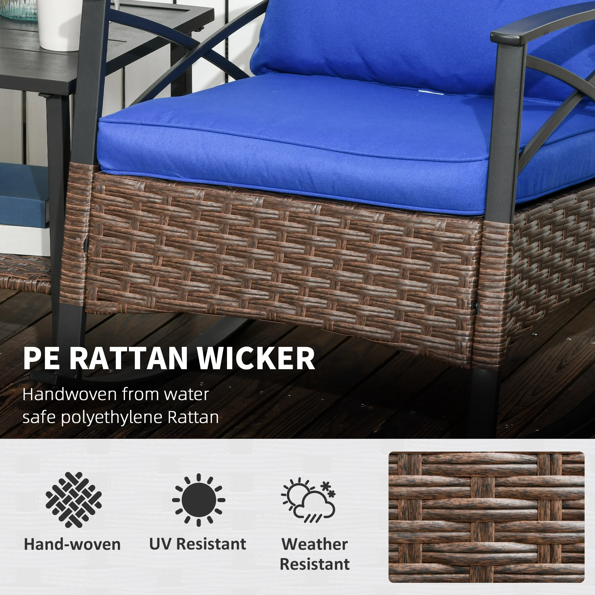 Outsunny 3pc Rocking Chair Set w/ Cushions, Wicker Bistro Set, Blue
