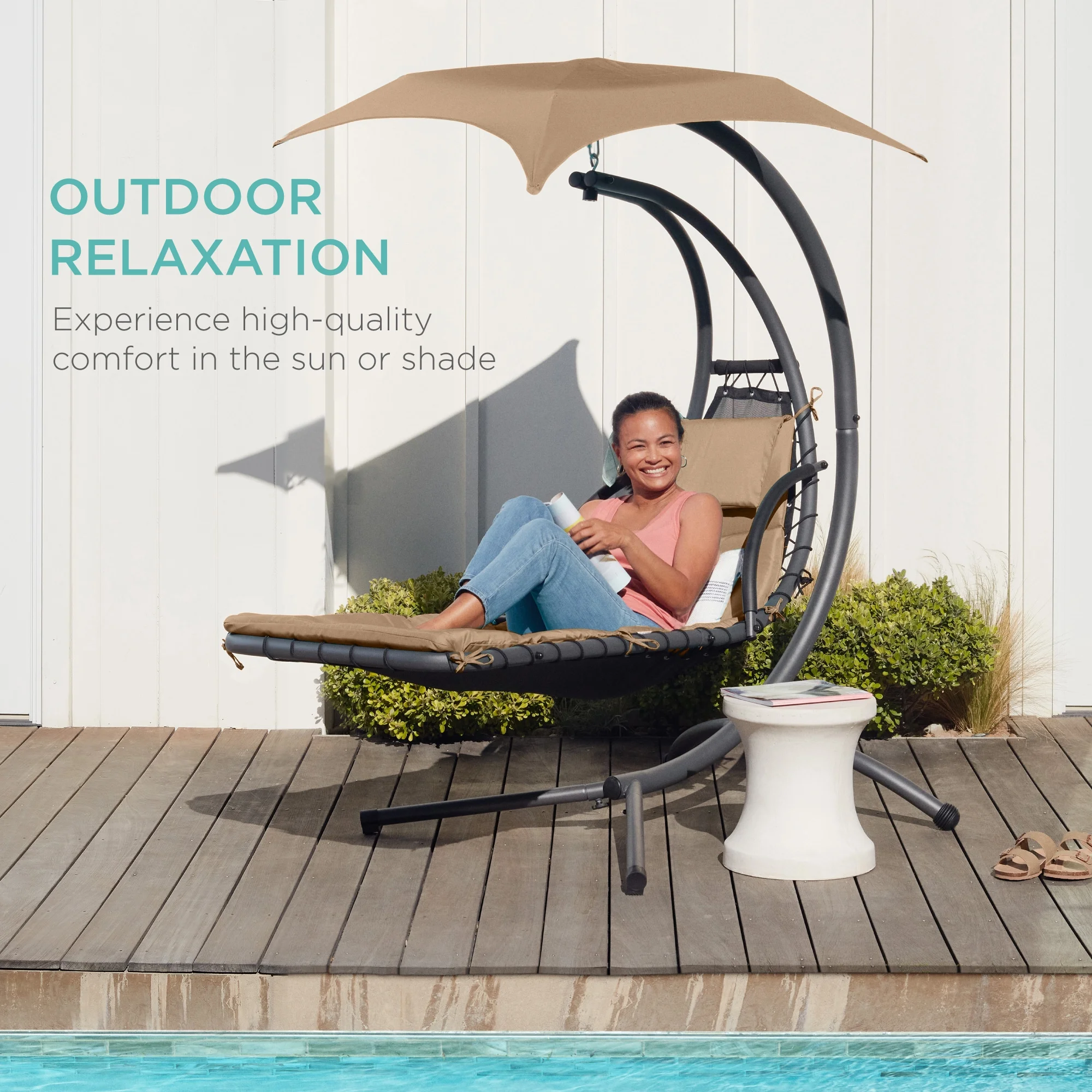 Best Choice Products Hanging Curved Chaise Lounge Chair Swing for Backyard, Patio w/ Pillow, Shade, Stand - Teal