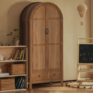 Oubayajia Arched Armoire Wardrobe Closet with Fluted Doors, Wooden Wardrobe Closet with Drawers, Shelves and Hanging Rod for Bedroom