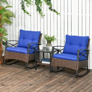 Outsunny 3pc Rocking Chair Set w/ Cushions, Wicker Bistro Set, Blue