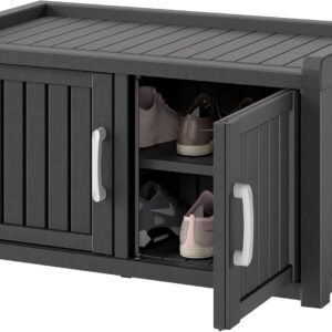 KAMABOKO Outdoor Shoe Storage Cabinet, Waterproof UV-Resistant Entryway Storage Bench Indoor Outdoor with 2 Barn Doors, Adjustable Shelves for Entryway, Bedroom, Hallway,Living Room(Black)