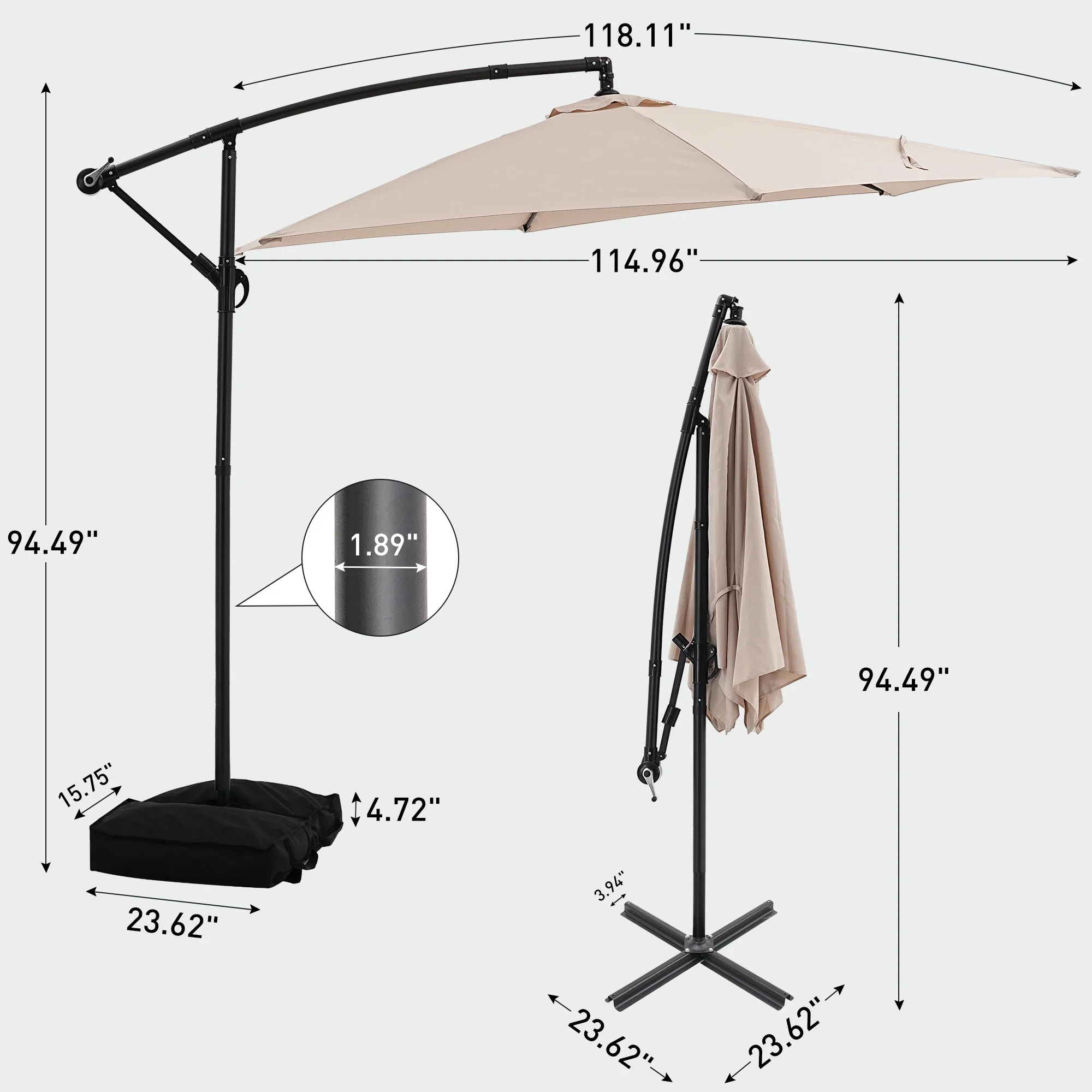 Ainfox 10ft Cantilever Patio Umbrella with Lights, Offset Market Umbrella with Sandbags Weighted Base and Cross Base,Khaki