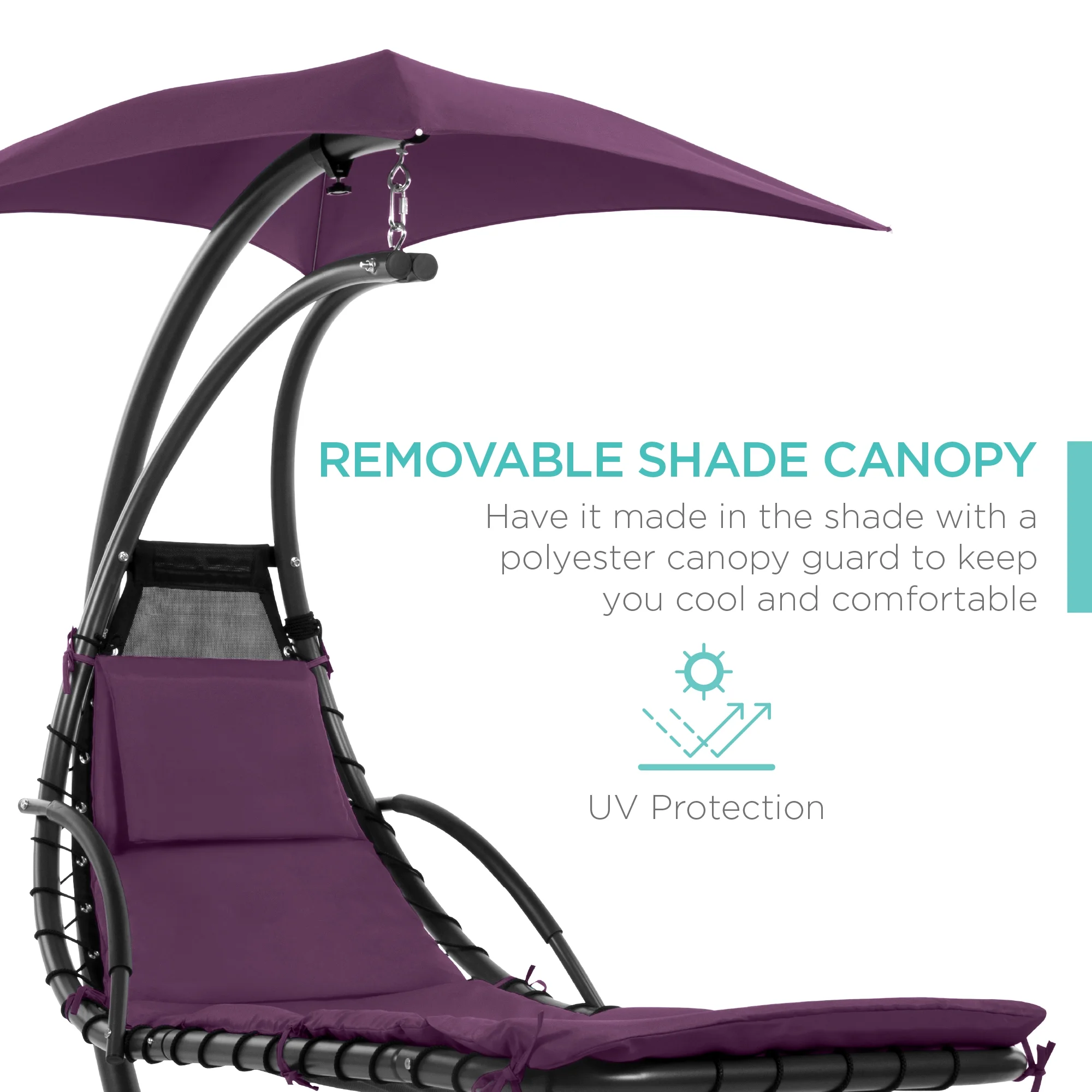 Best Choice Products Hanging Curved Chaise Lounge Chair Swing for Backyard, Patio w/ Pillow, Shade, Stand - Teal