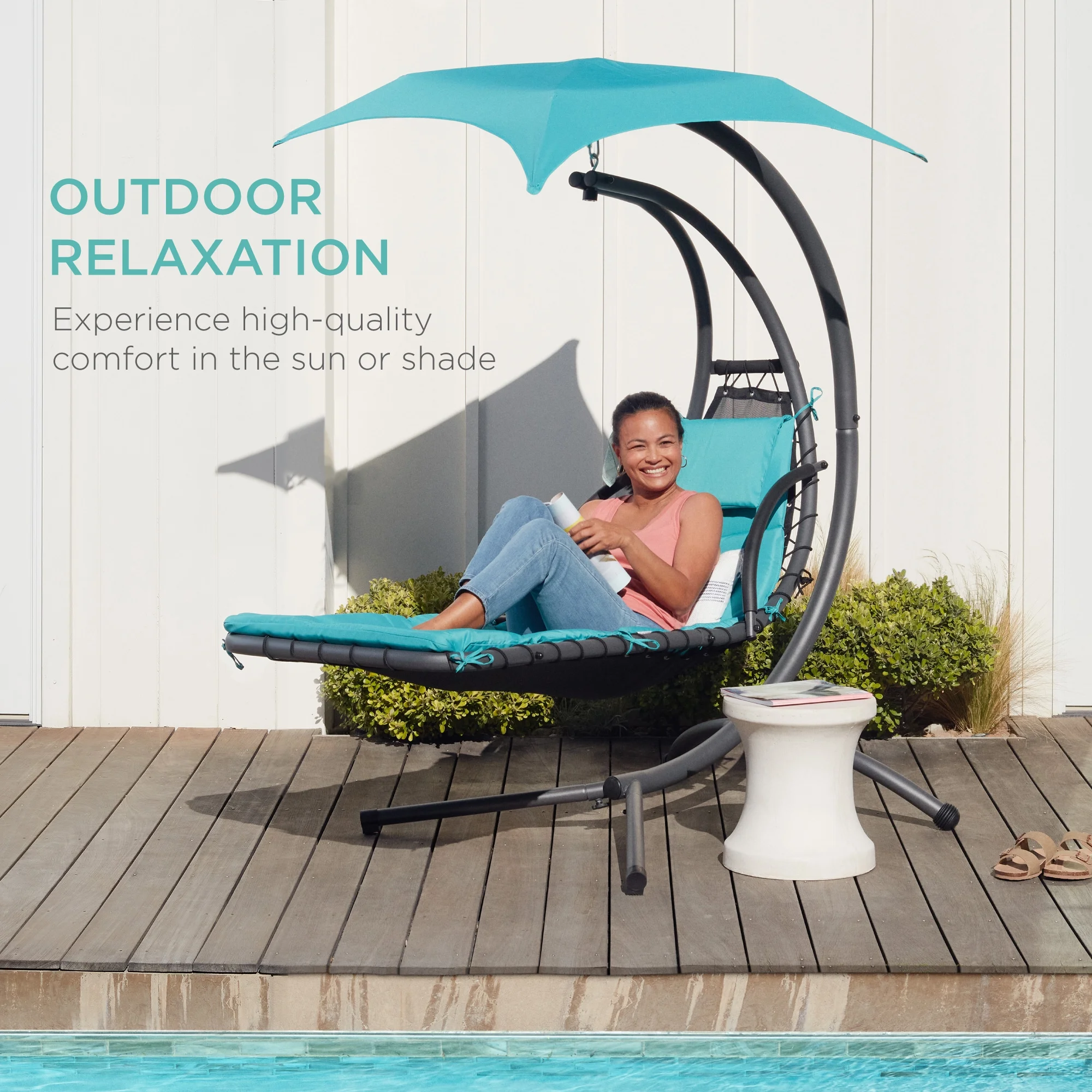 Best Choice Products Hanging Curved Chaise Lounge Chair Swing for Backyard, Patio w/ Pillow, Shade, Stand - Teal
