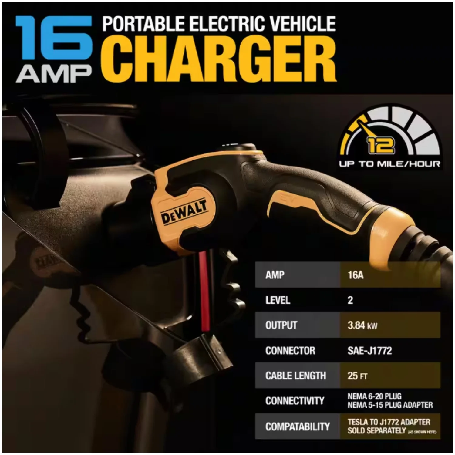 DEWALT Level-2 Portable Electric Vehicle EV Charger up to 16 Amps, 120-240-Volt AC 3.8 KW, 25 Ft. Cable, Weatherproof