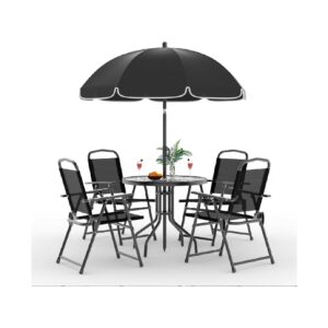 6 Pieces Outdoor Dining Set With Umbrella, Patio Table and 4 Folding Chairs With Umbrella, Garden Patio Furniture Set With Umbrellas, Tempered Glass Top Dining Table