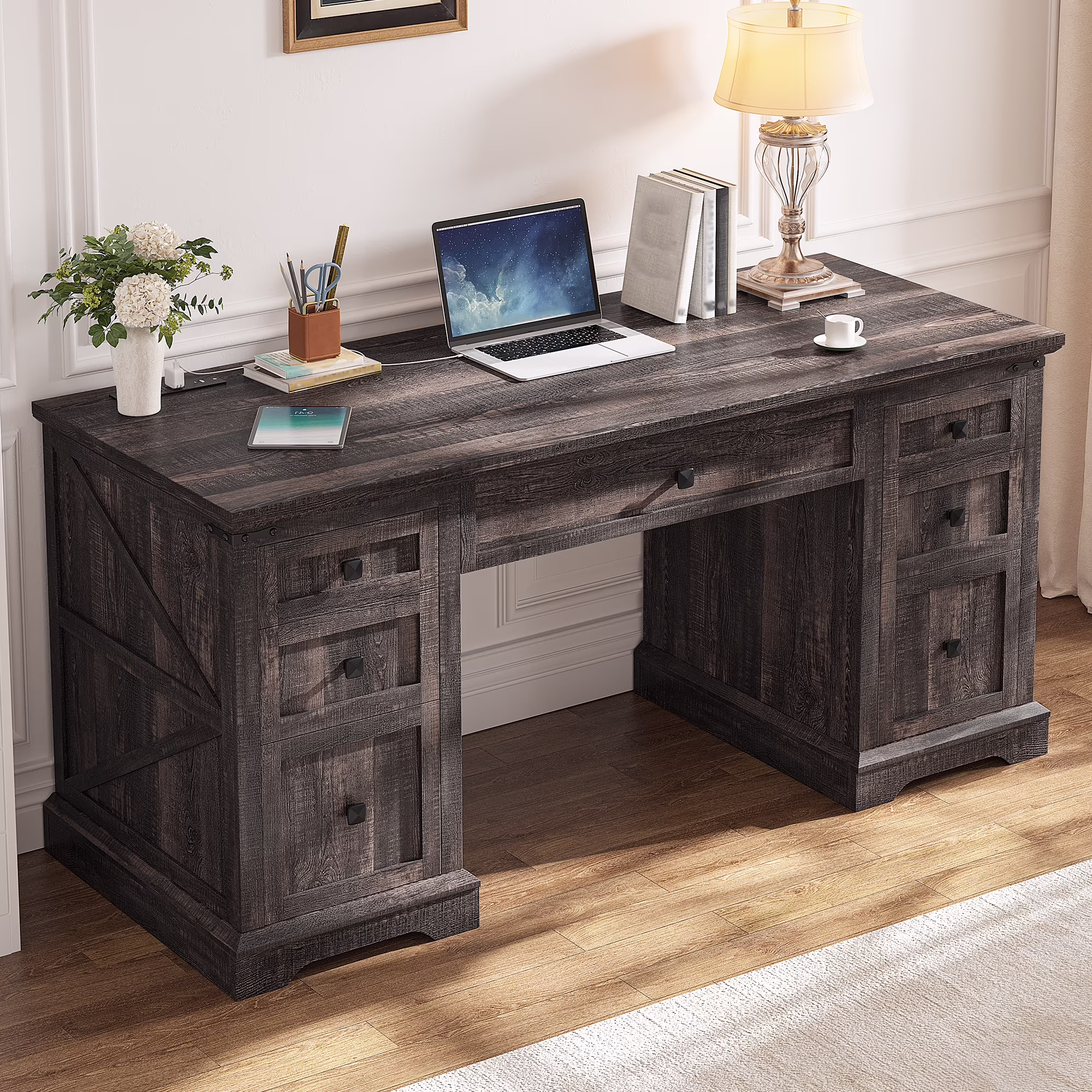 EnHomee Farmhouse Desk with Drawers, Wood Home Office Desk with Charging Station, Antique White