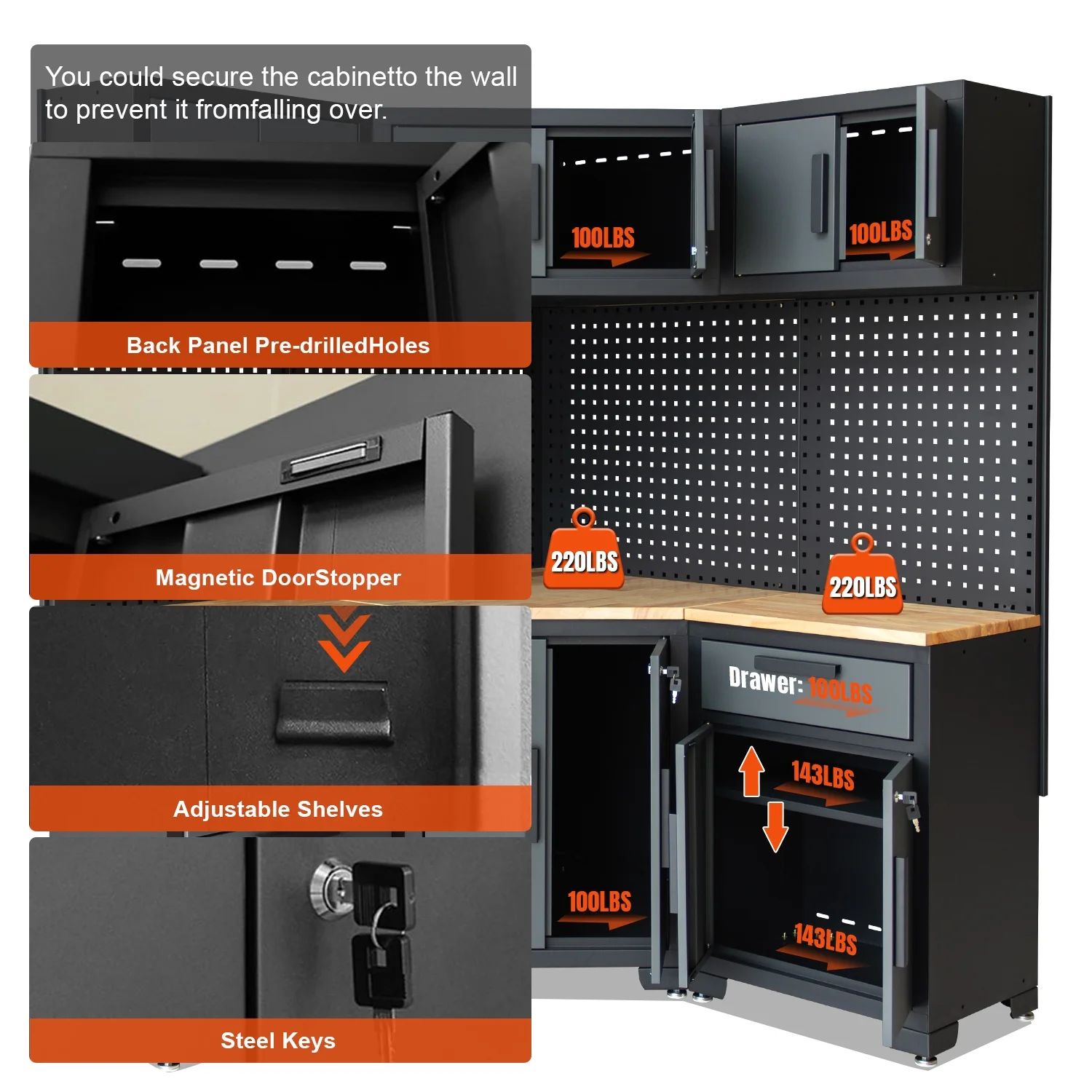 HPDMC Garage Storage Cabinet System 7-Pcs Workshop Set Metal Garage Cabinets System with Steel Cabinet Drawers, Workbench, Pegboard for Garage Tool Organization