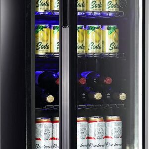 WANAI Compact Beverage Refrigerator, 100 Can Capacity, Glass Door, Black Stainless Steel