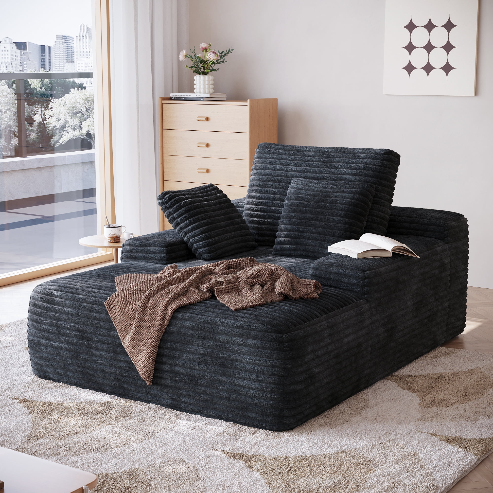 Sodrens Oversized Chaise Lounge Chair Indoor,Upholstered Sofa Bed with Throw Pillows and Armrests,Sleeper Chair for Living Room,Bedroom,Brown,Corduroy