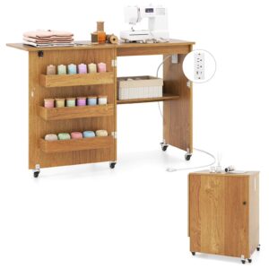 Costway Folding Sewing Table Rolling Craft Station with 3 Storage Bins & Charging Station Natural