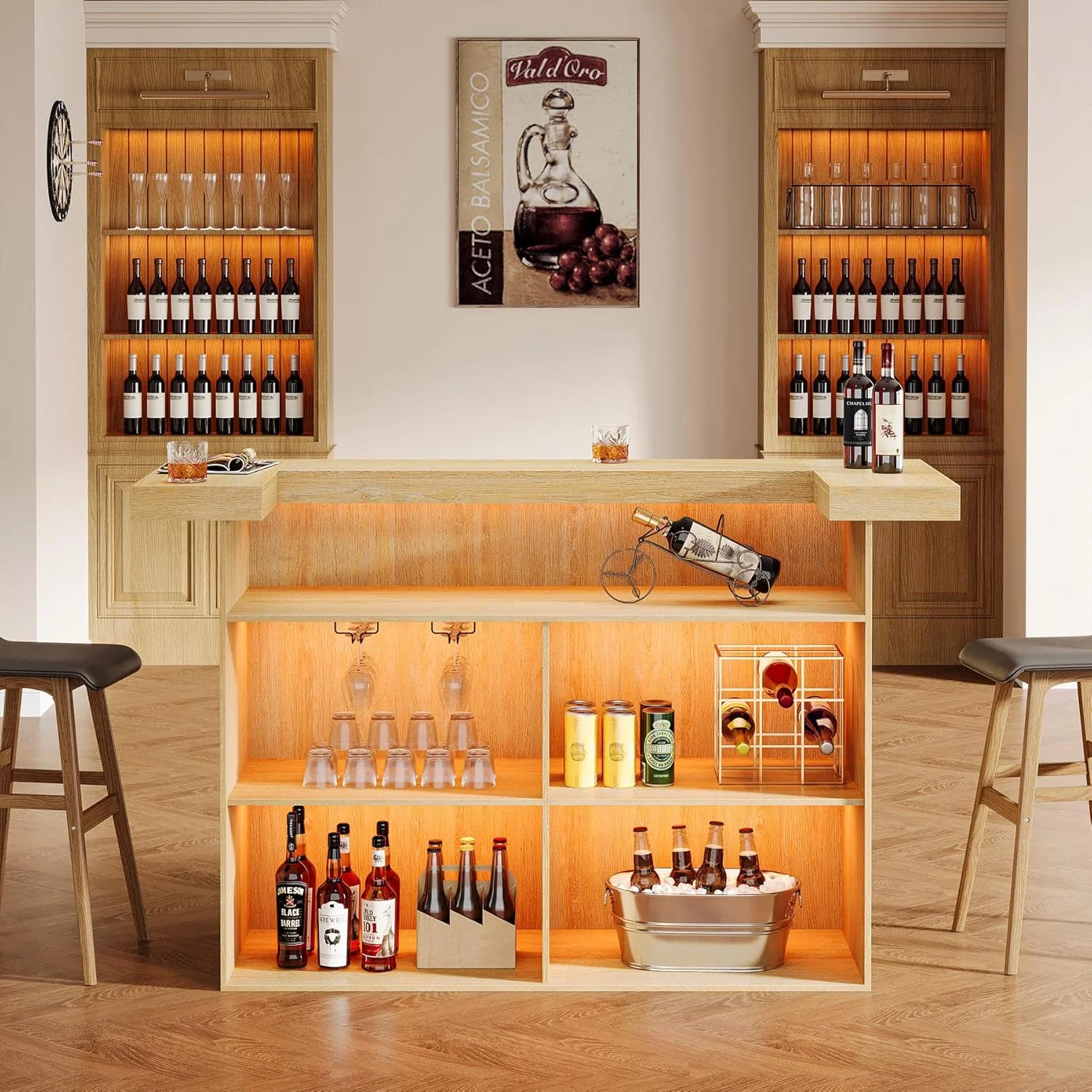 4-Tier Bar Table, 70.9-Inch Large Modern Home Bar Cabinet with Wine Glass Holder and Black Footrest
