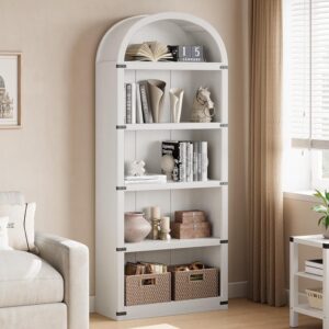 Bookcase 5 Shelf Arched Bookshelf 71.65in Tall Bookcase Farmhouse Display Storage Rack Wooden Bookshelves for Home Office, Living Room(white)