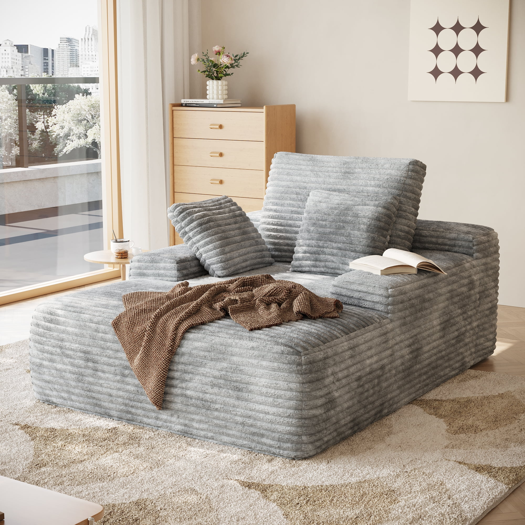 Sodrens Oversized Chaise Lounge Chair Indoor,Upholstered Sofa Bed with Throw Pillows and Armrests,Sleeper Chair for Living Room,Bedroom,Brown,Corduroy