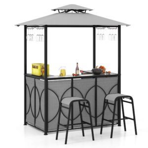 Costway 3 PCS Patio Bar Set with Tempered Glass Bar Table Metal Storage Shelves for Garden Grey