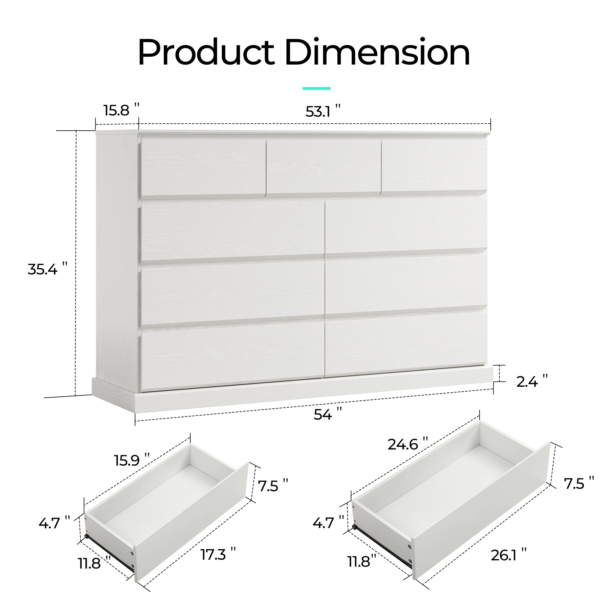 Linsy Home Modern Wood Dressers for Bedroom, Wide Chest of 9 Drawers, White