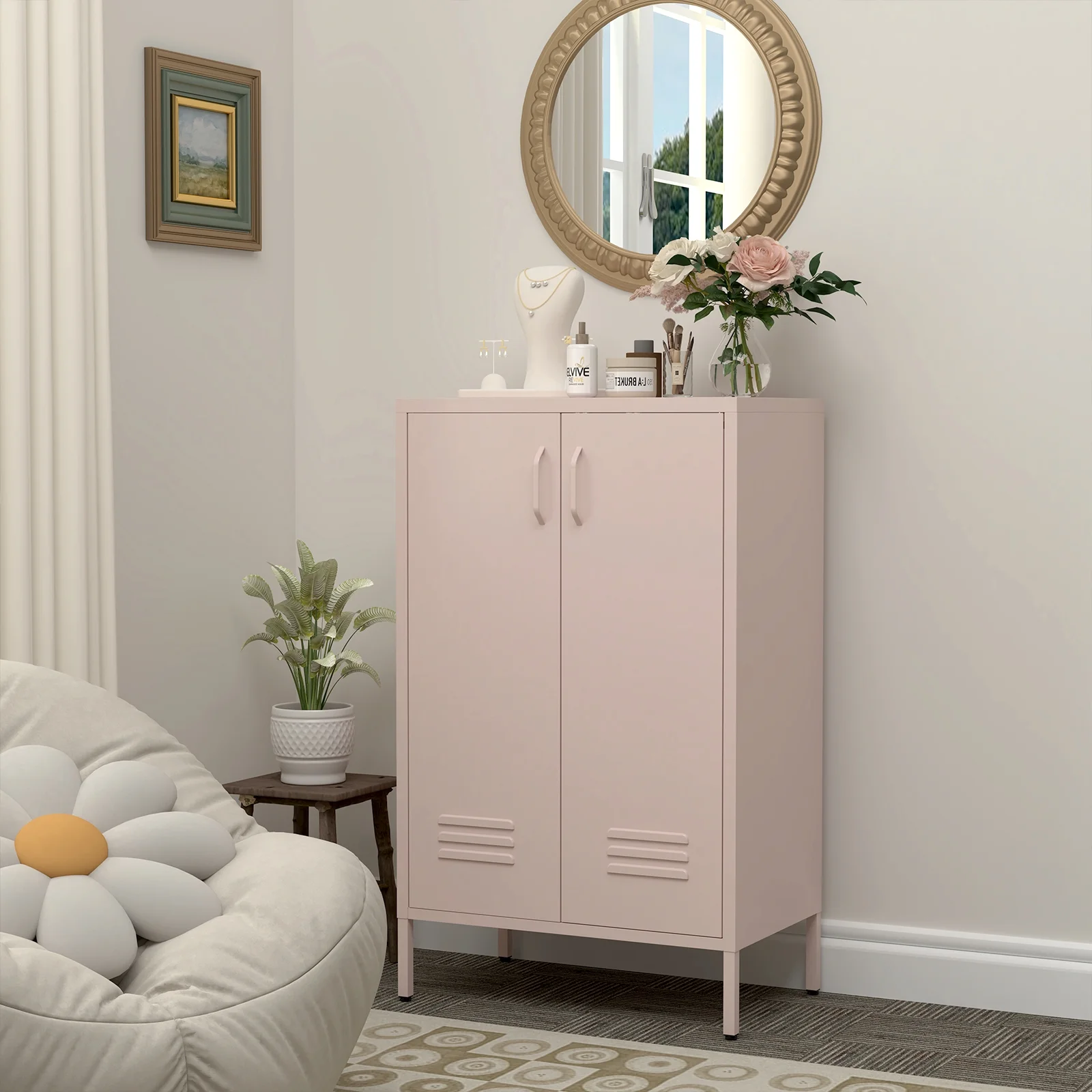 Marcree Green Metal Cabinet,2 Door Accent Cabinet,Metal Locker Cabinet with Legs,Sideboard Cabinet with Adjustable Shelves,Locker Storage Cabinet for Living Room,Entryway