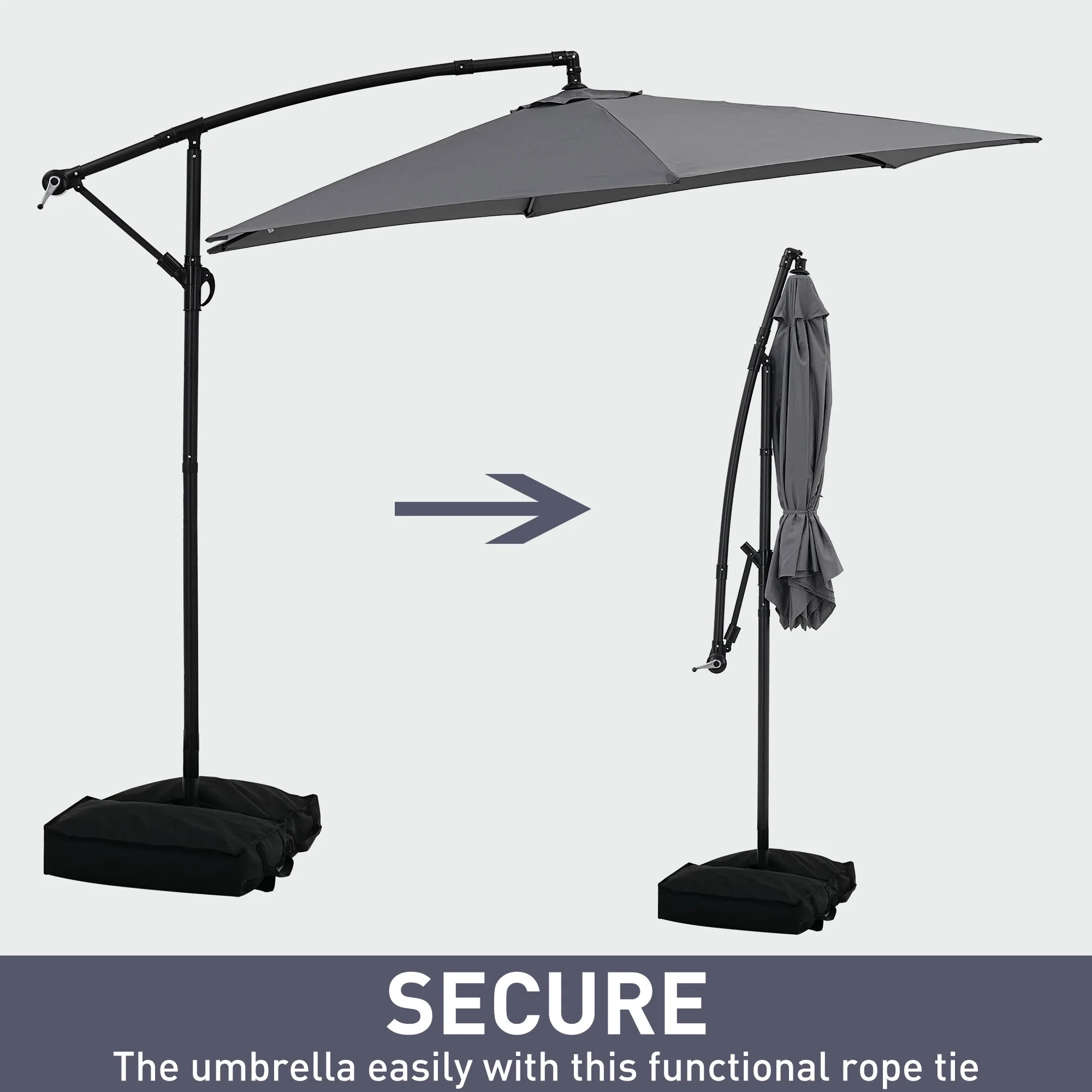 Ainfox 10ft Cantilever Patio Umbrella with Lights, Offset Market Umbrella with Sandbags Weighted Base and Cross Base,Khaki
