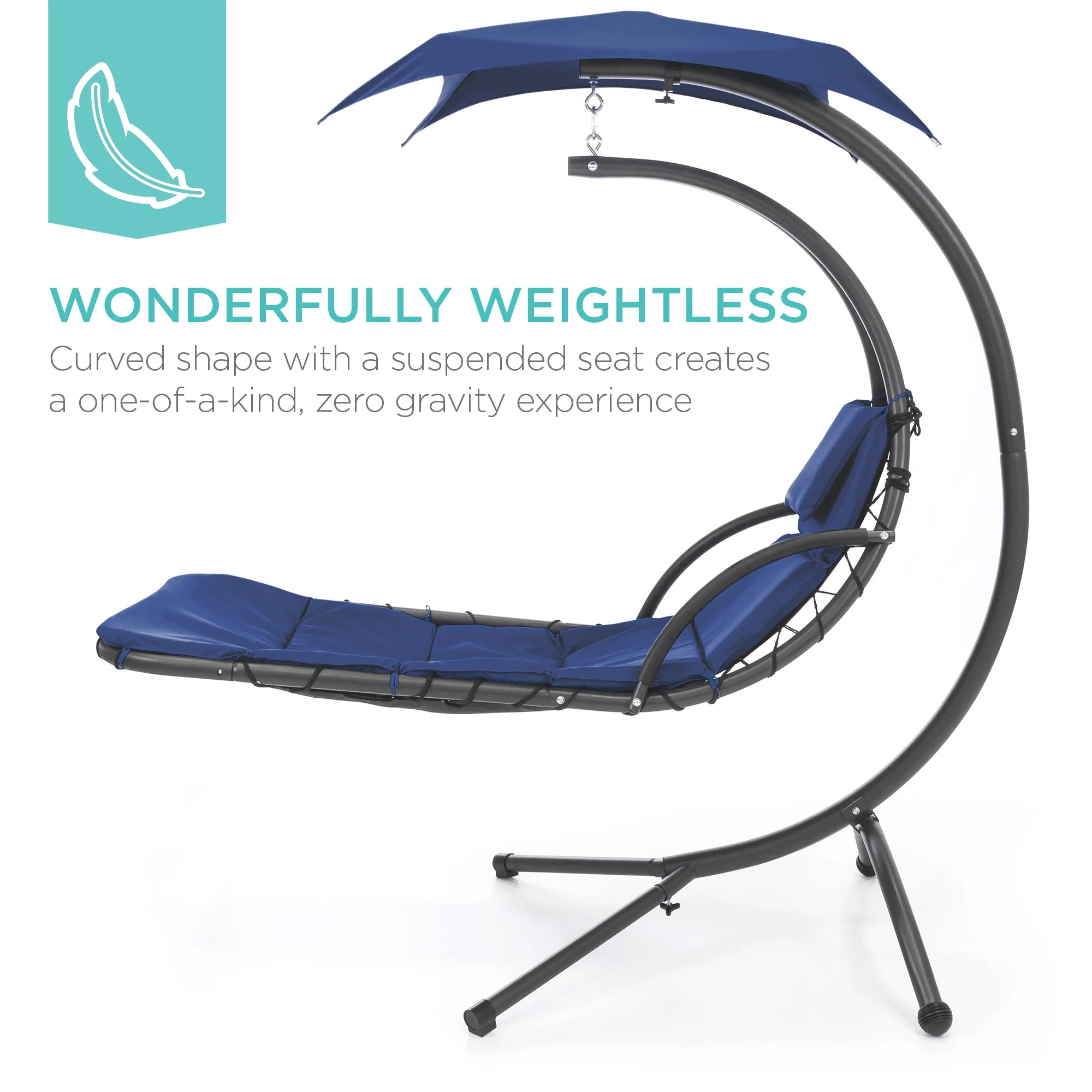 Best Choice Products Hanging Curved Chaise Lounge Chair Swing for Backyard, Patio w/ Pillow, Shade, Stand - Teal