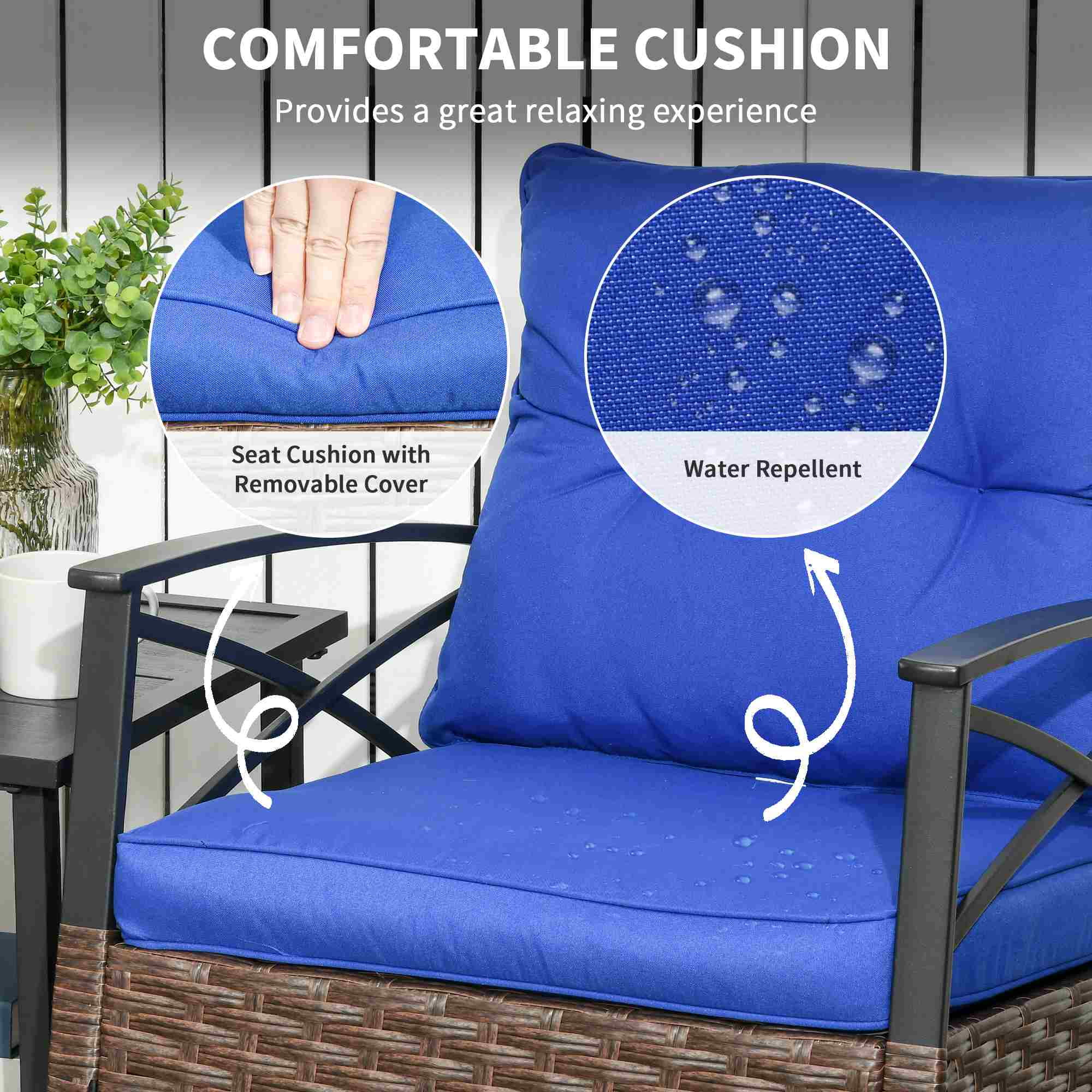 Outsunny 3pc Rocking Chair Set w/ Cushions, Wicker Bistro Set, Blue
