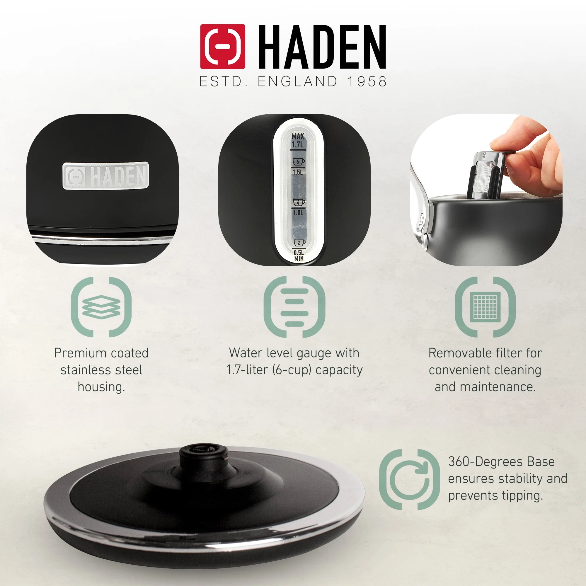 Haden Heritage 1.7 Liter Electric Kettle with 2 Slice Bread Toaster, White