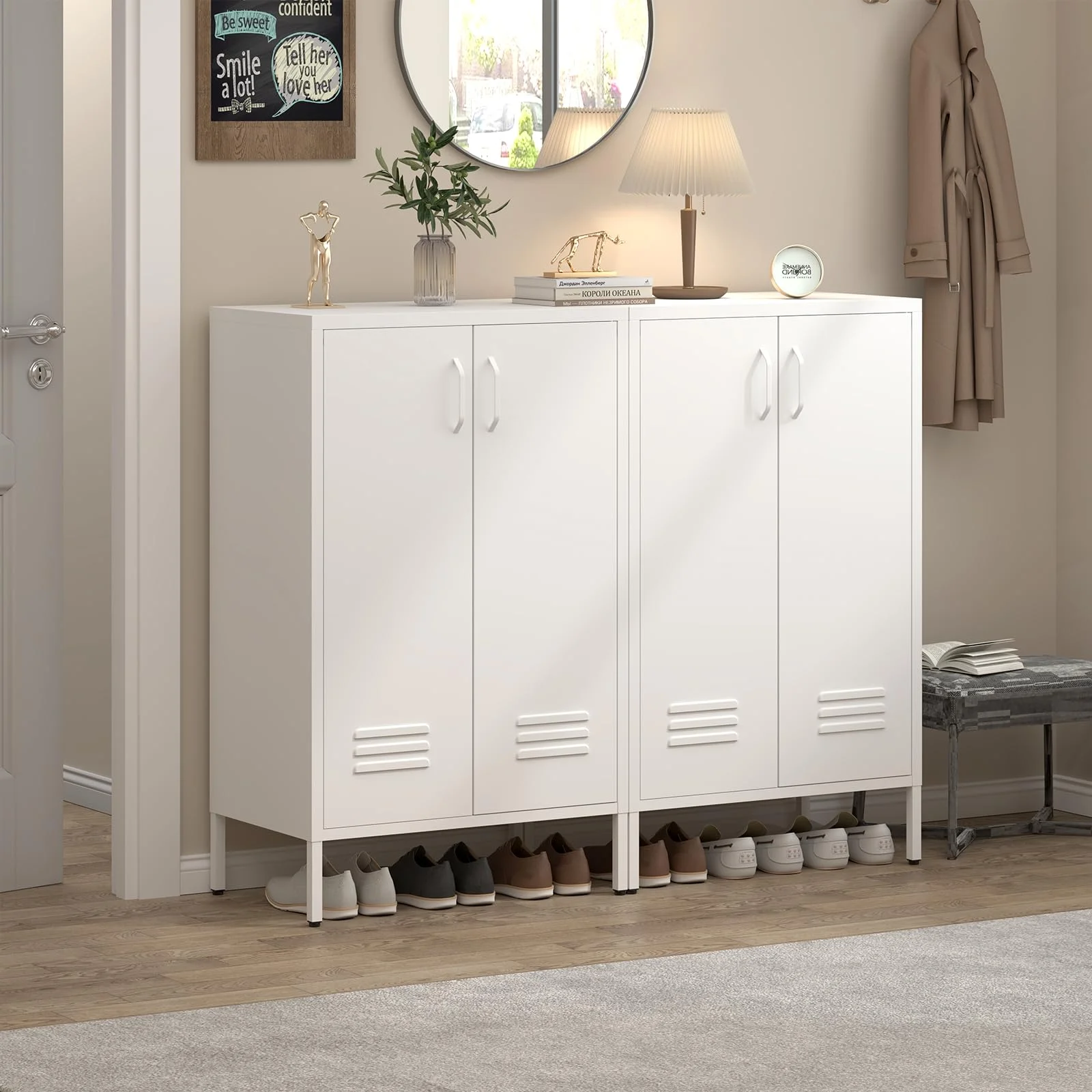 Marcree Green Metal Cabinet,2 Door Accent Cabinet,Metal Locker Cabinet with Legs,Sideboard Cabinet with Adjustable Shelves,Locker Storage Cabinet for Living Room,Entryway