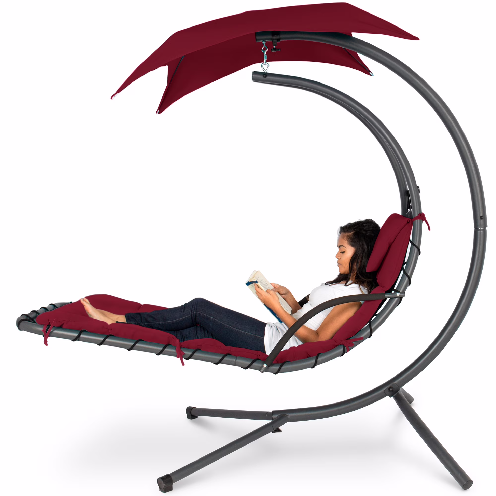 Best Choice Products Hanging Curved Chaise Lounge Chair Swing for Backyard, Patio w/ Pillow, Shade, Stand - Teal