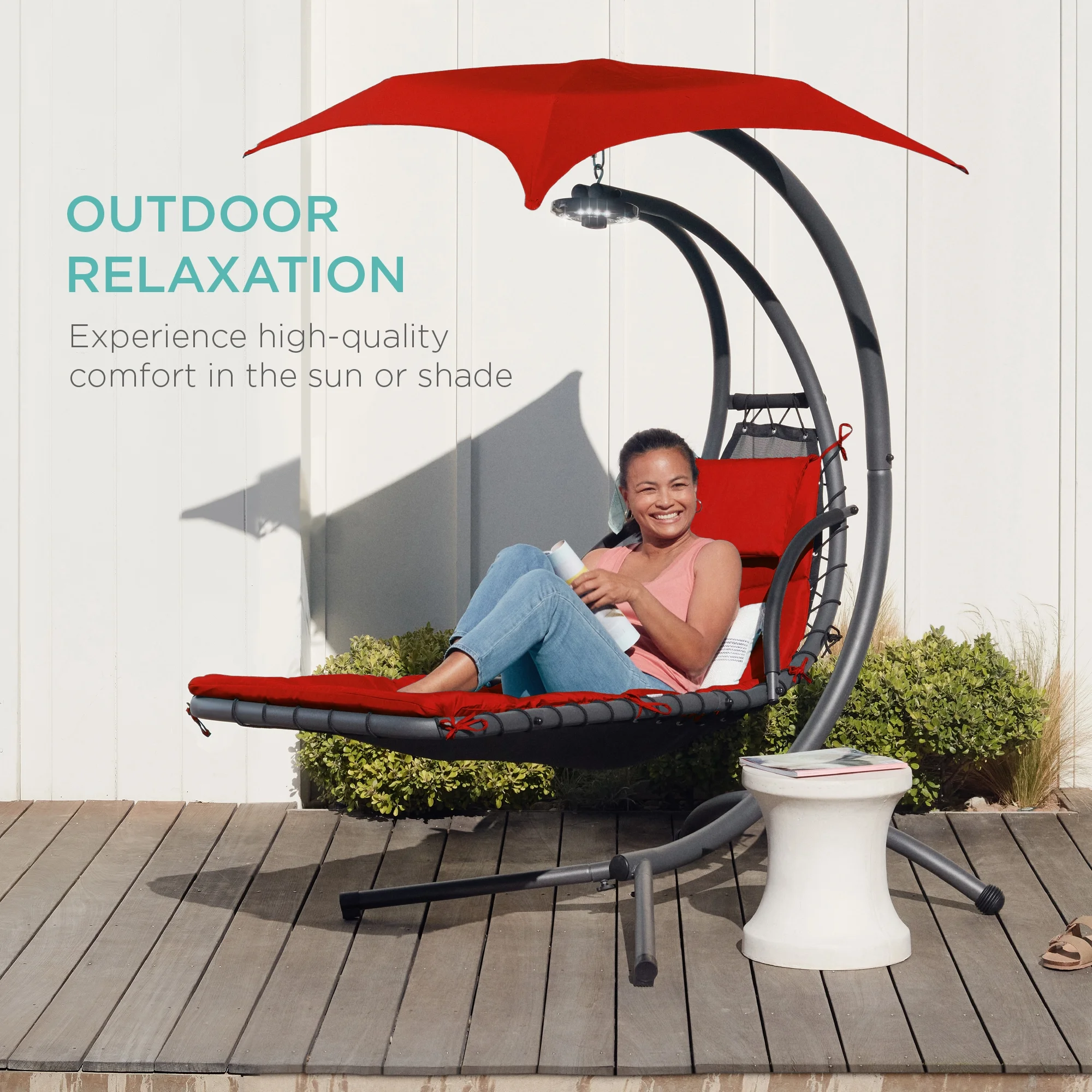 Best Choice Products Hanging Curved Chaise Lounge Chair Swing for Backyard, Patio w/ Pillow, Shade, Stand - Teal