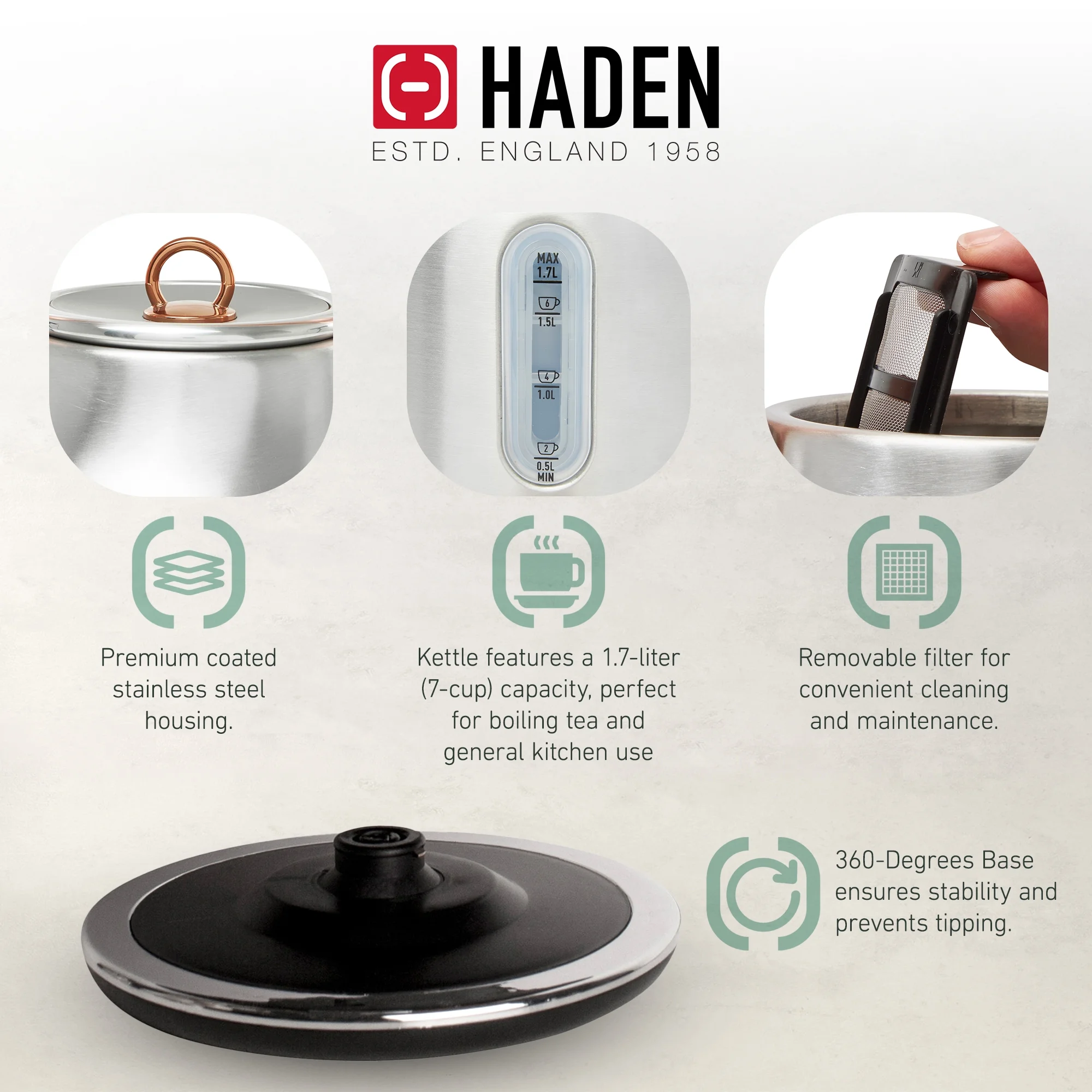 Haden Heritage 1.7 Liter Electric Kettle with 2 Slice Bread Toaster, White